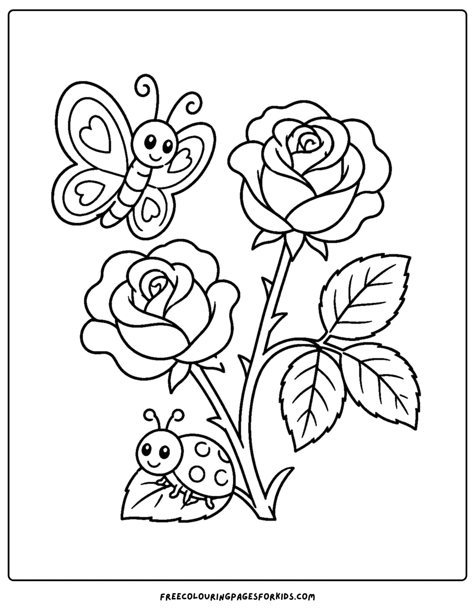 a coloring page of a butterfly about to land on a rose bush