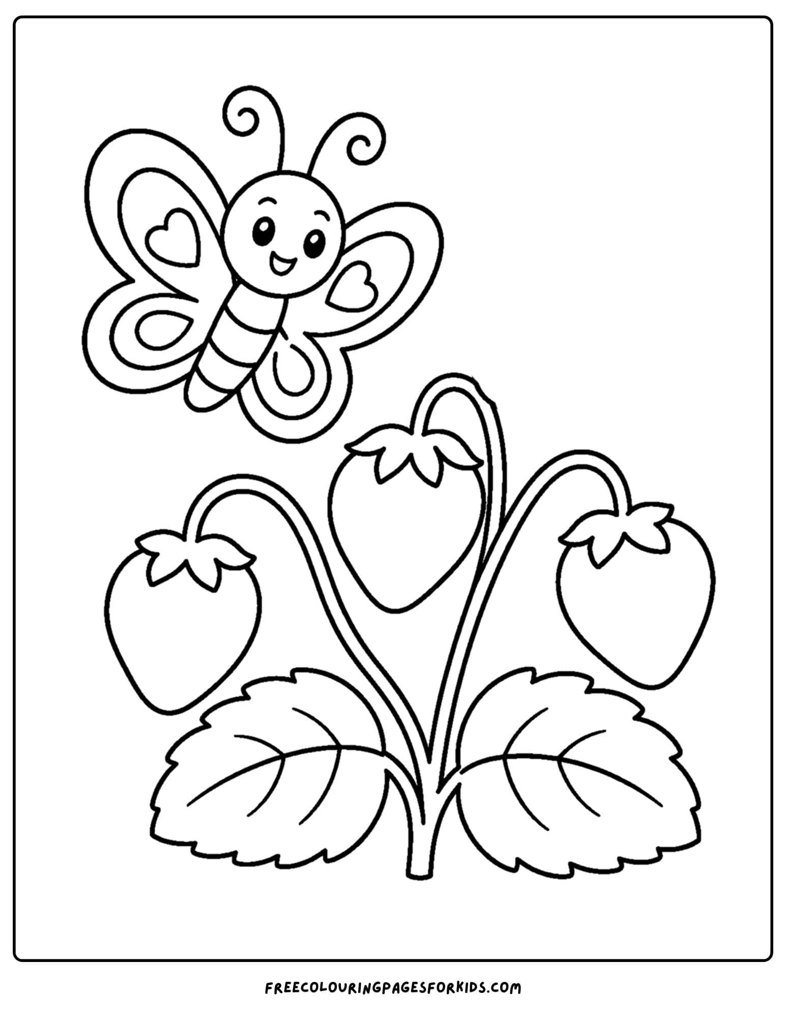 a coloring page of a butterfly above a strawberry plant