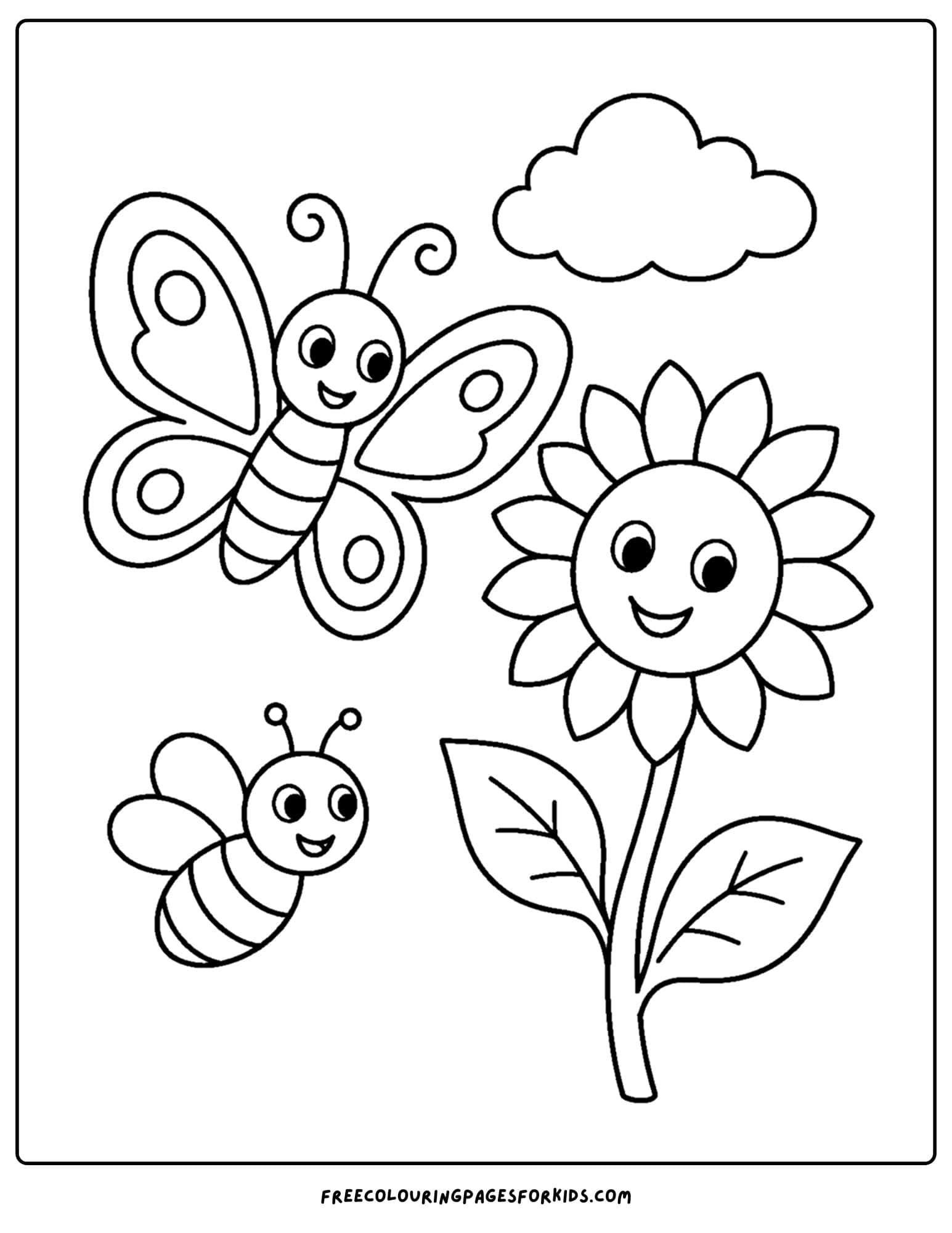 a coloring page of a butterfly and a bee next to a sunflower