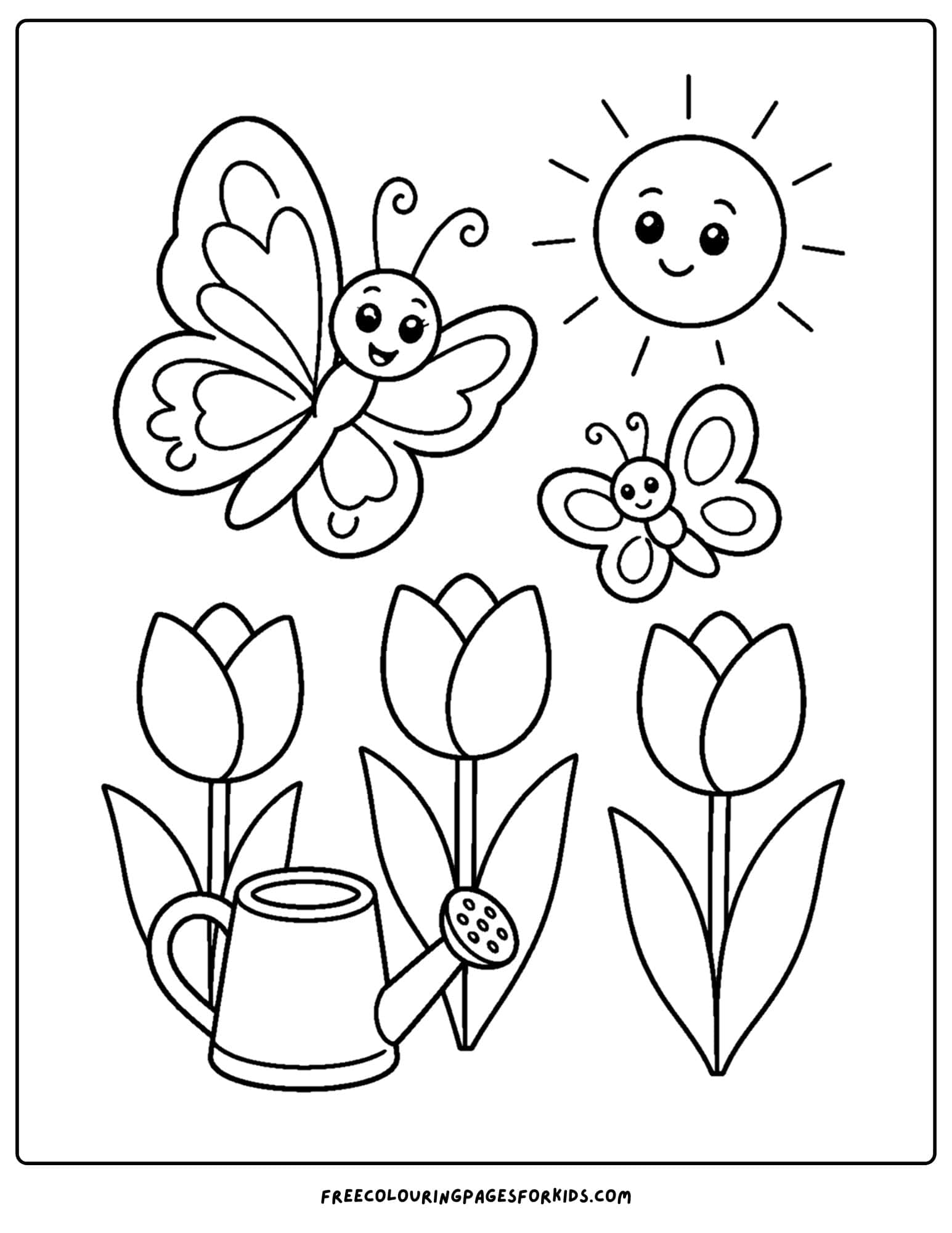 a coloring page of a butterfly flying over some tulips