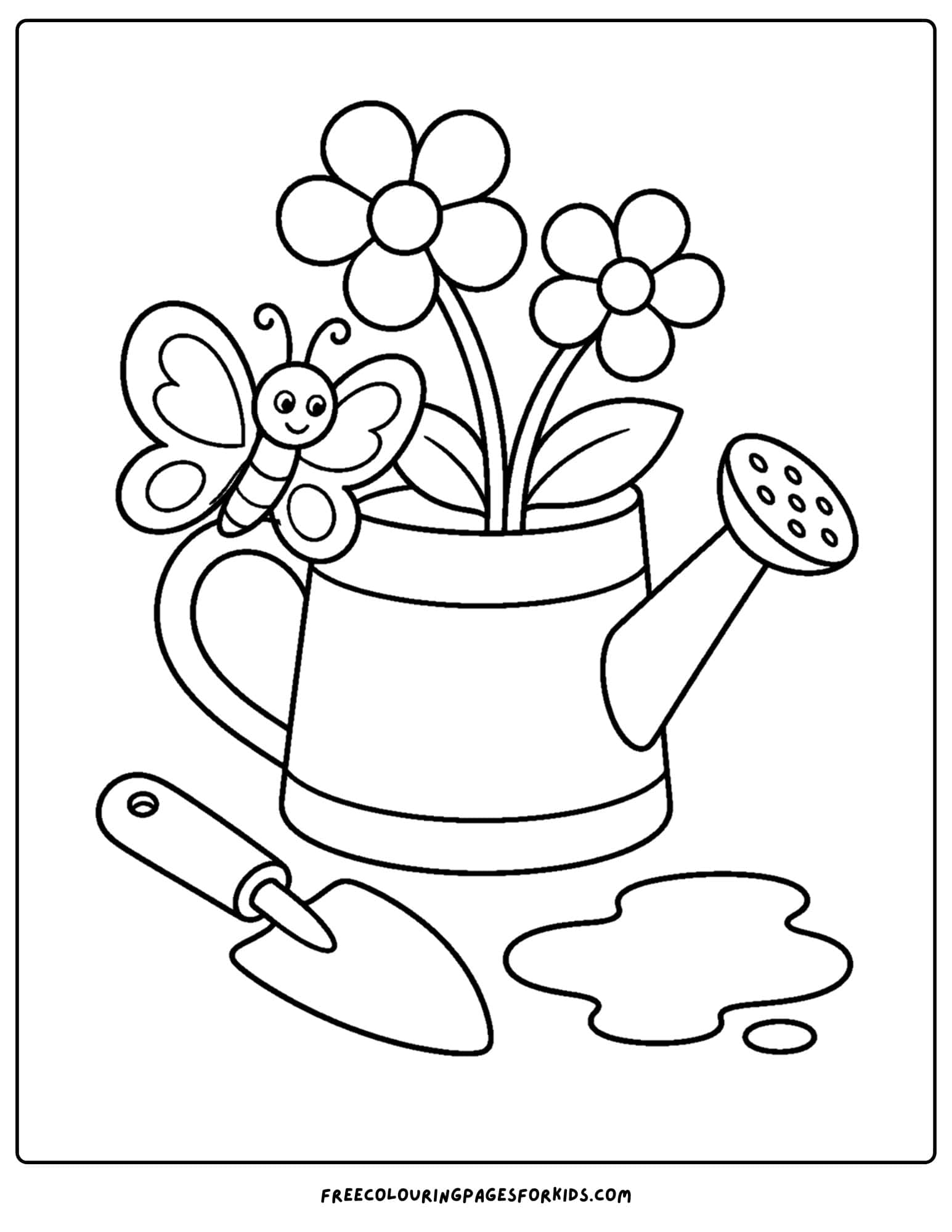 a coloring page of a butterfly landing on a watering can full of flowers