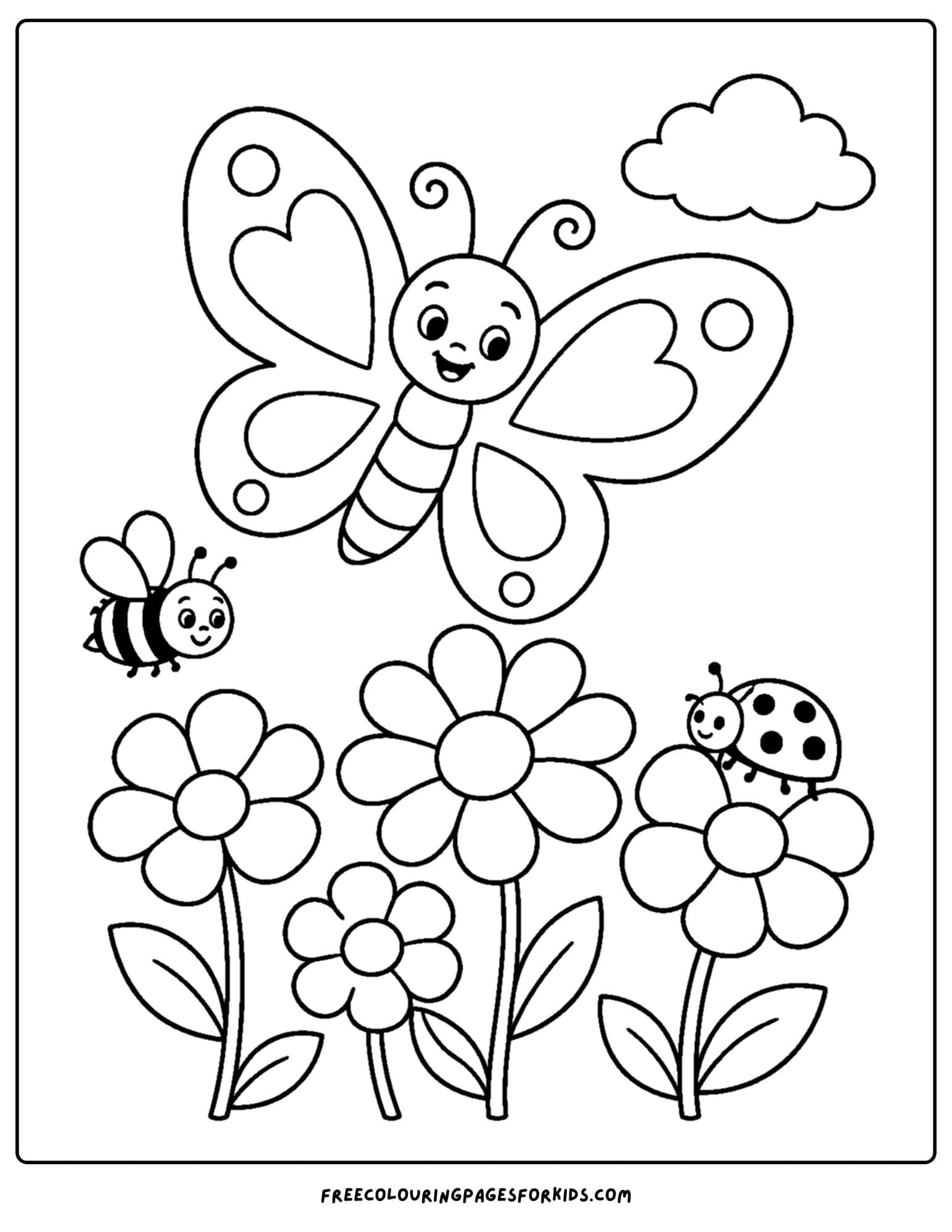 a coloring page of a butterfly, bees and wildflowers