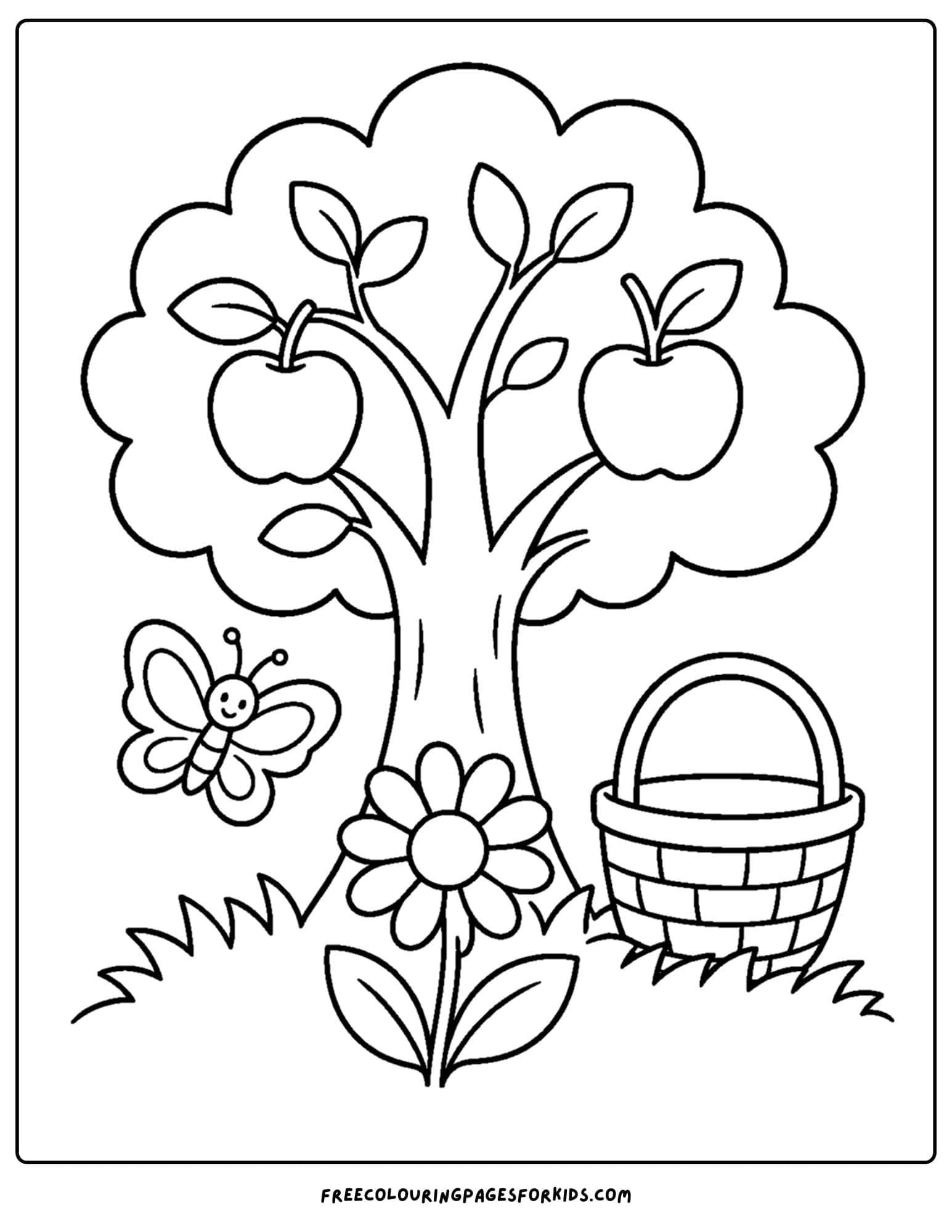 a daisy coloring page showing a daisy growing below an apple tree