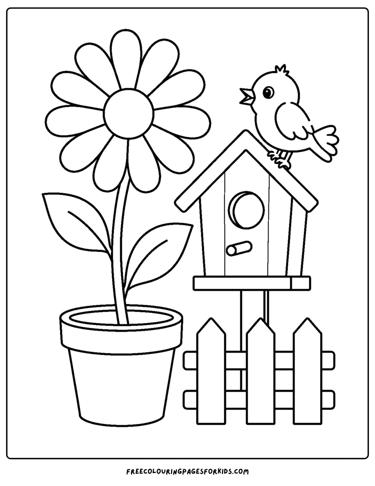 a daisy coloring page showing a daisy growing next to a birdhouse