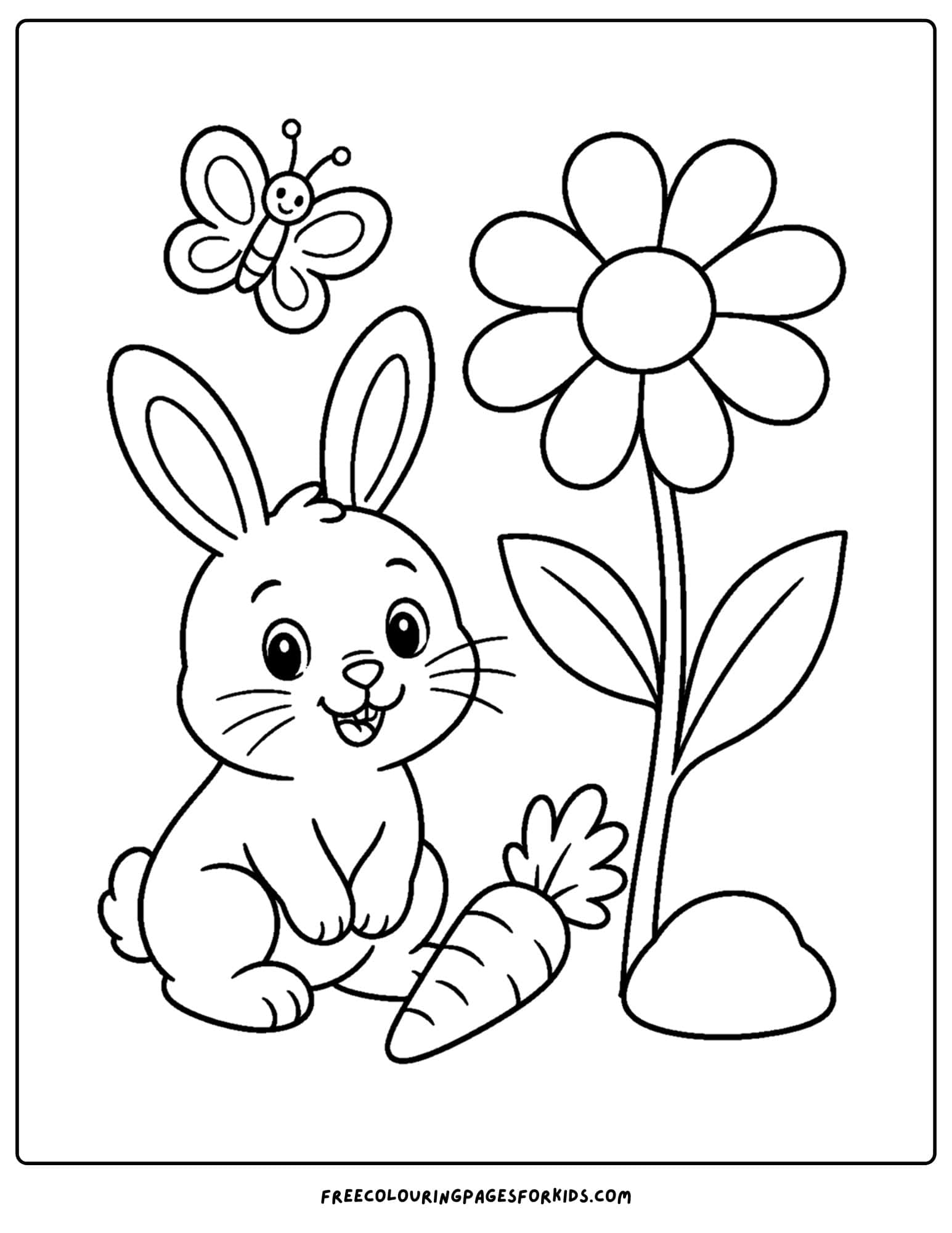 a daisy coloring page showing a bunny next to a daisy