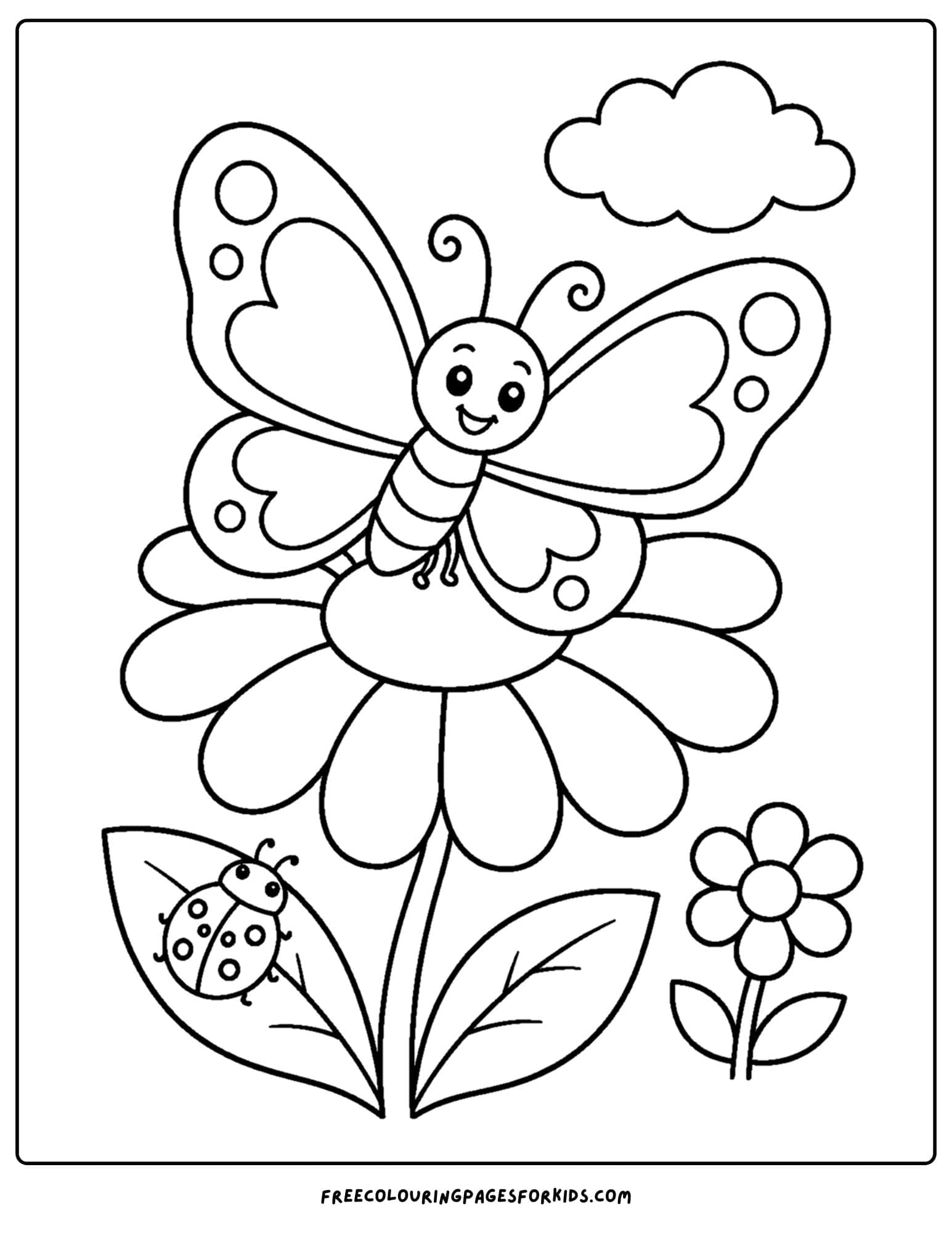 a daisy coloring page showing a butterfly resting on a daisy flower