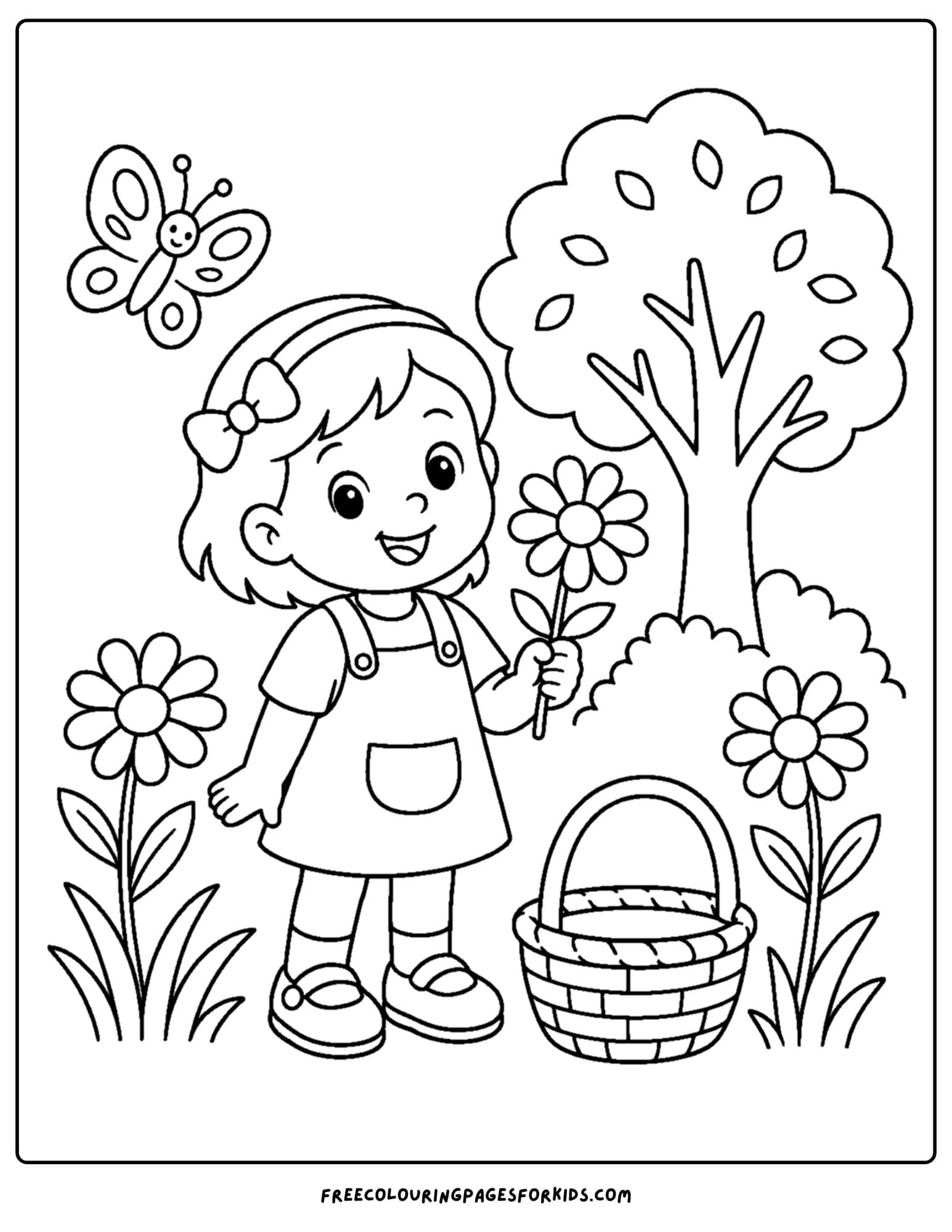 a daisy coloring page showing a child picking daisies