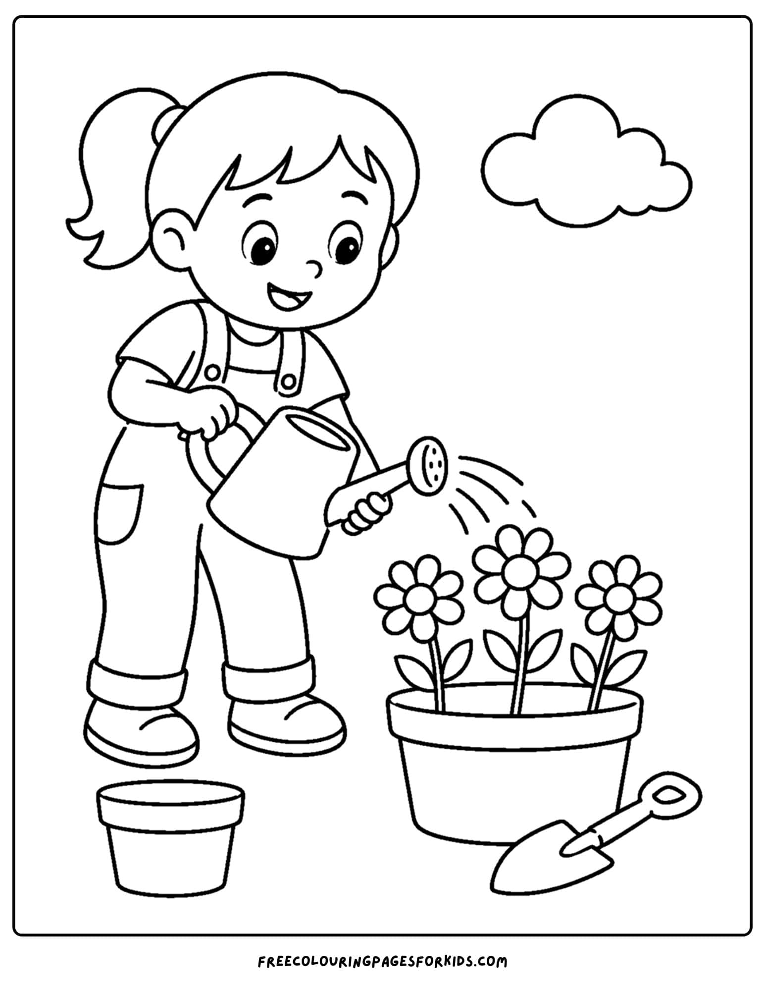 a daisy coloring page showing a child watering a daisy