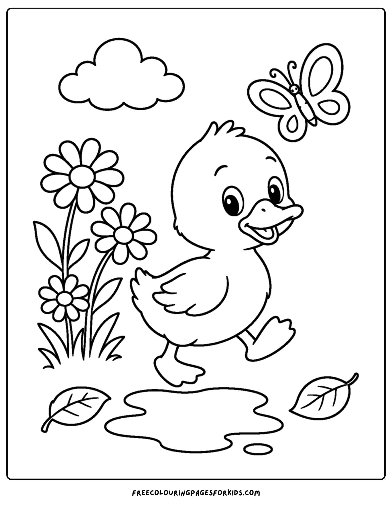 a daisy coloring page showing a duck in a field next to a daisy