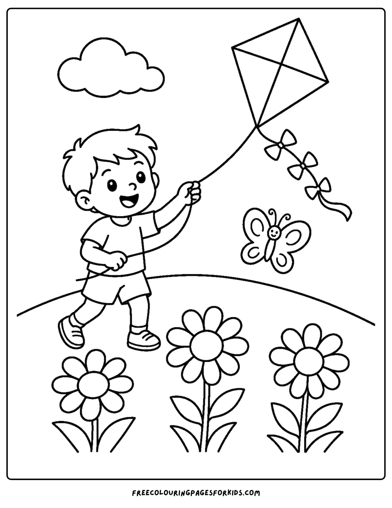 a daisy coloring page showing a child flying a kite in a daisy meadow