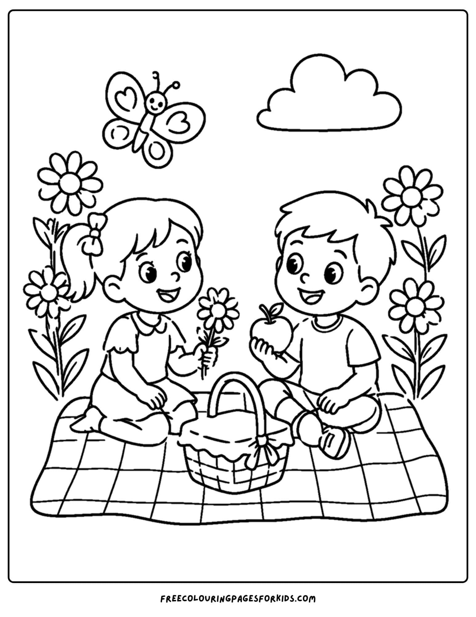 a daisy coloring page showing a kids having a picnic next to some daisy flowers