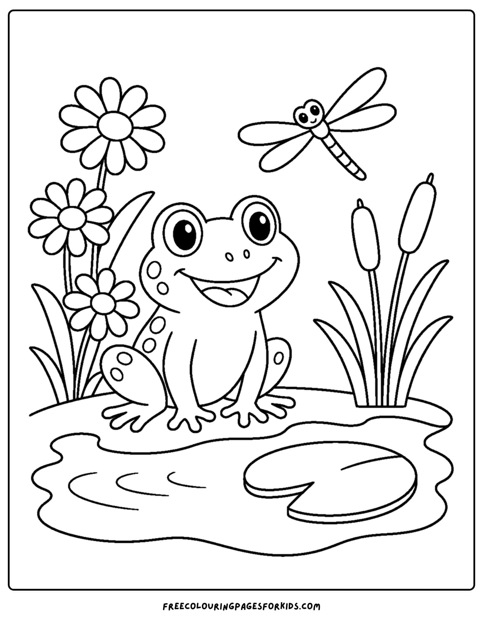 a daisy coloring page showing a frog at a pond with a daisy growing nearby