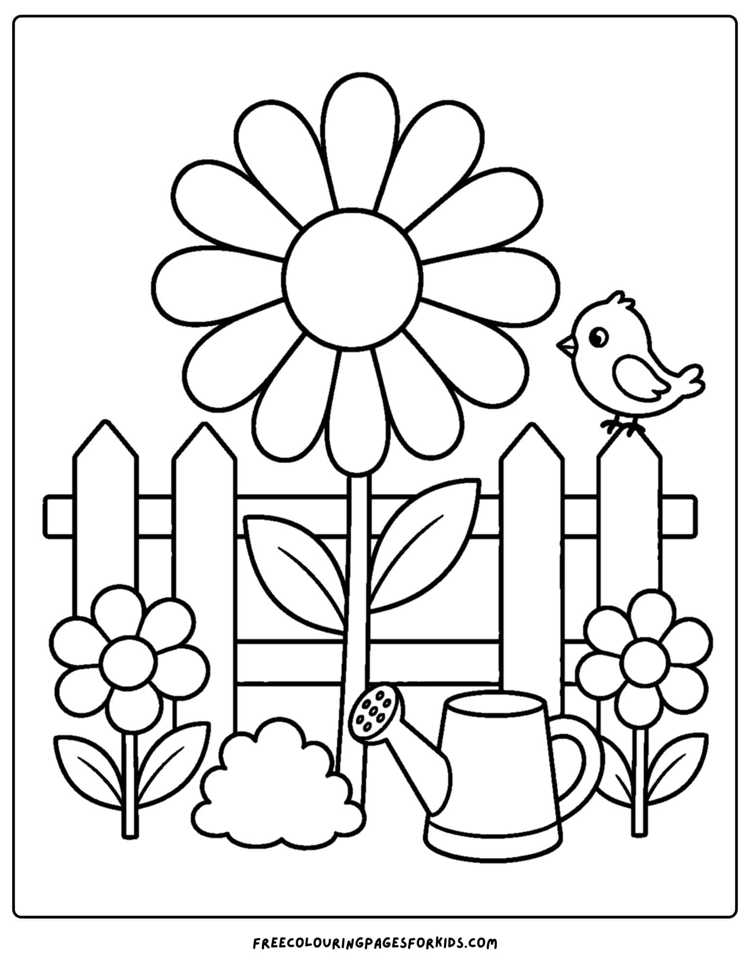 a daisy coloring page showing a garden fence with a big daisy growing in front