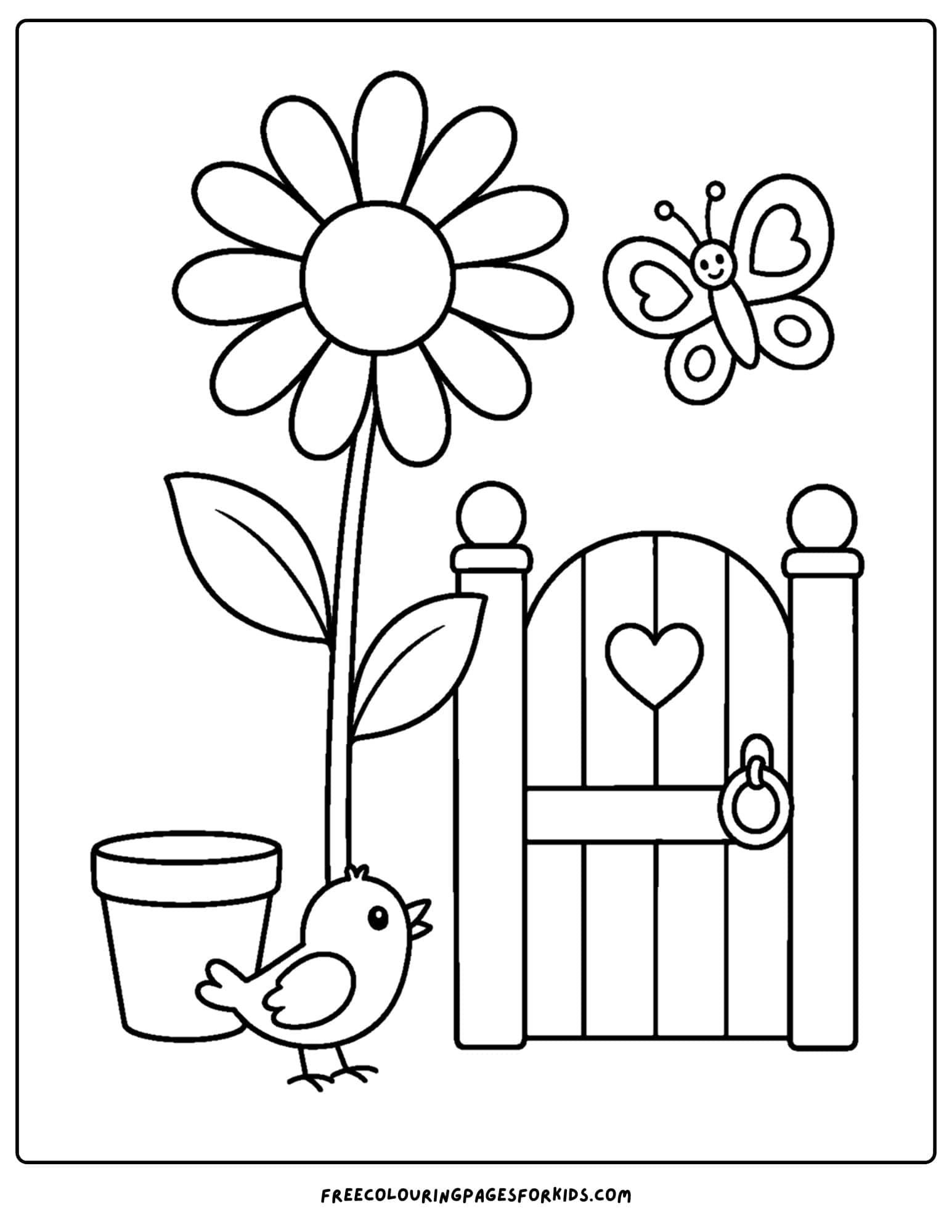 a daisy coloring page showing a garden gate with a daisy growing next to it