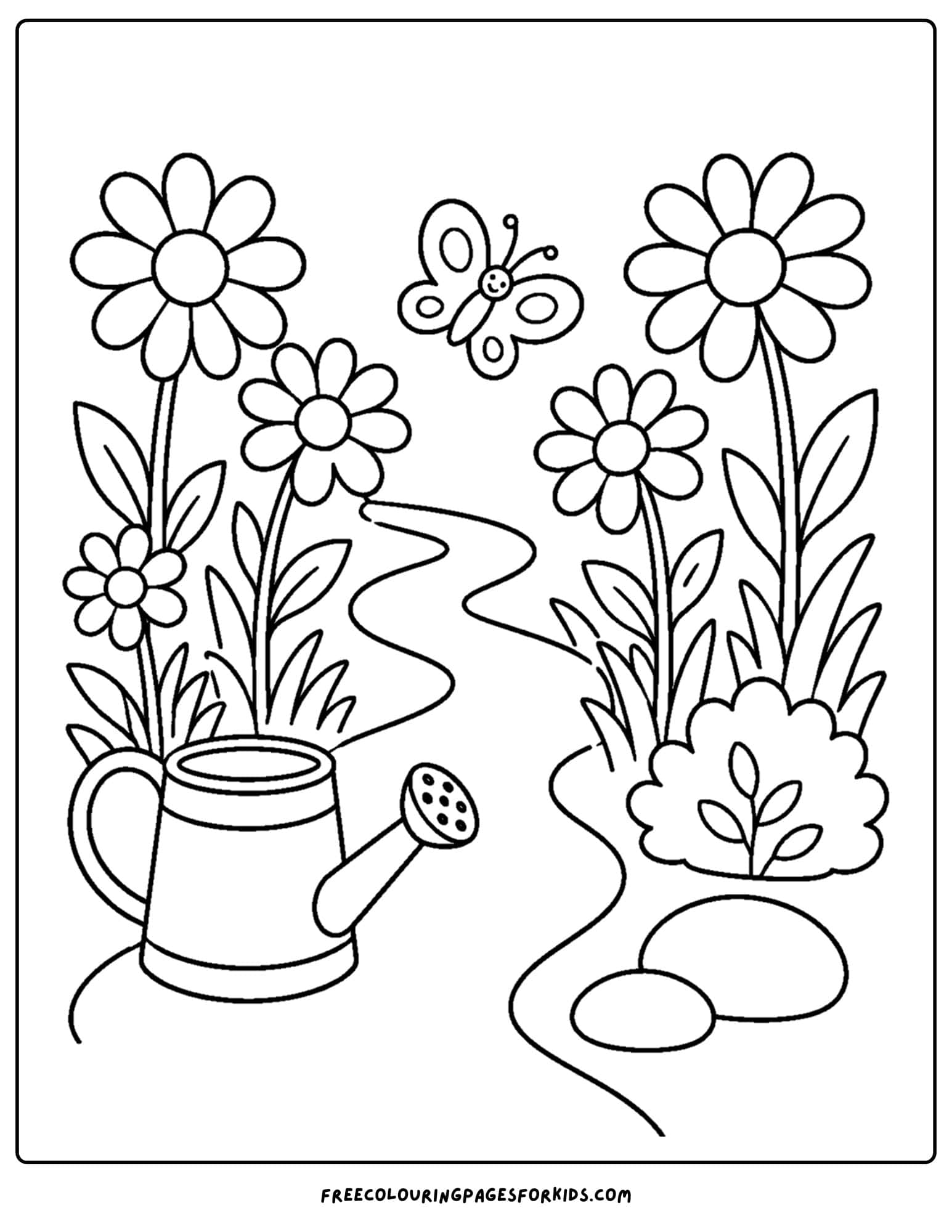 a daisy coloring page showing a garden path lined with daisies