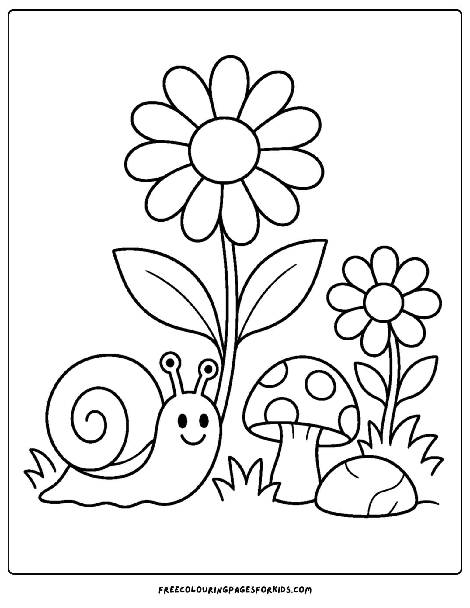 a daisy coloring page showing a snail below a daisy