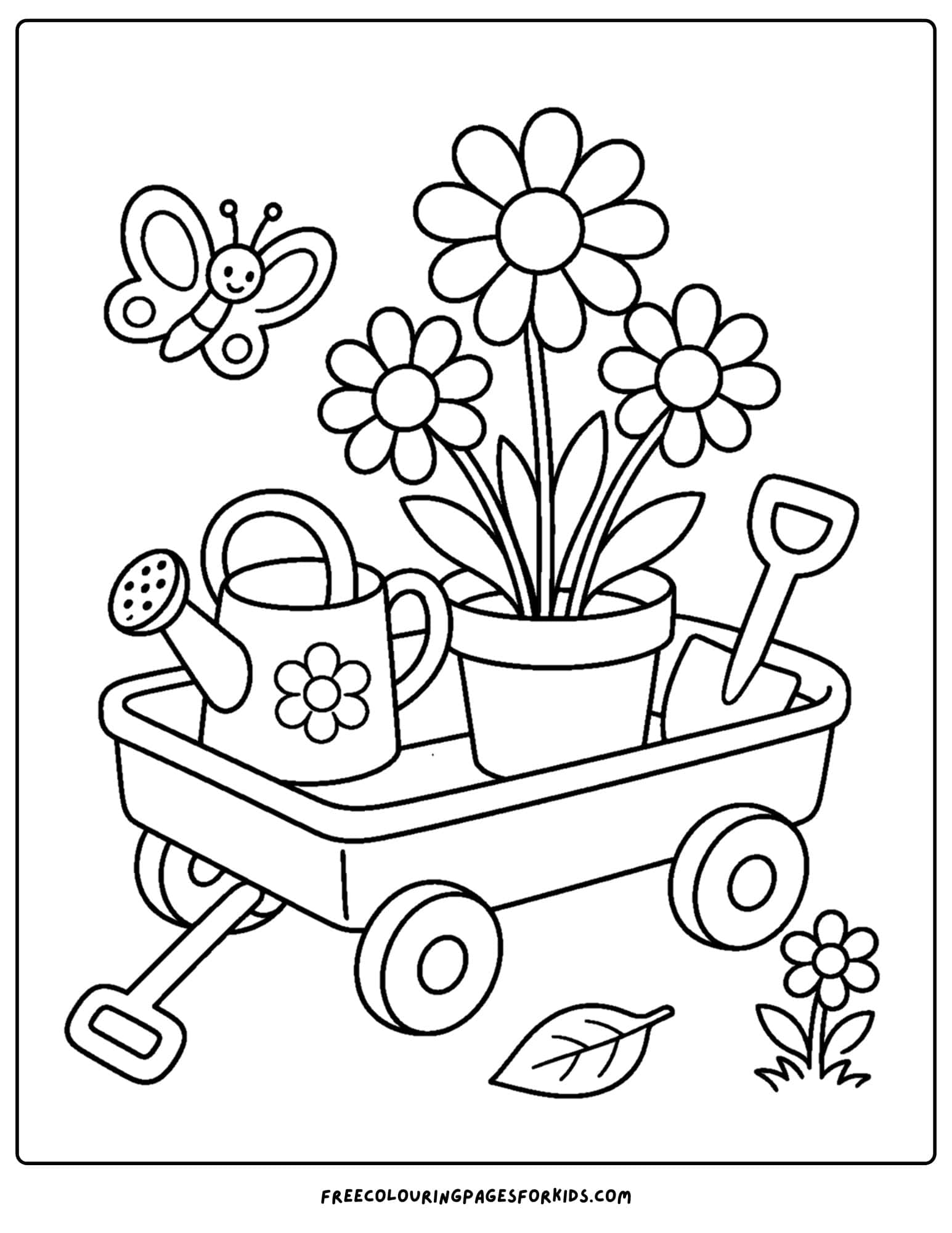 a daisy coloring page showing a garden wagon full of tools to go and plant a daisy