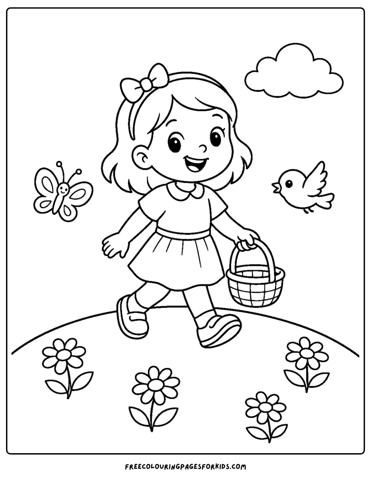 a daisy coloring page showing a girl going for a walk with a basket to pick daisies