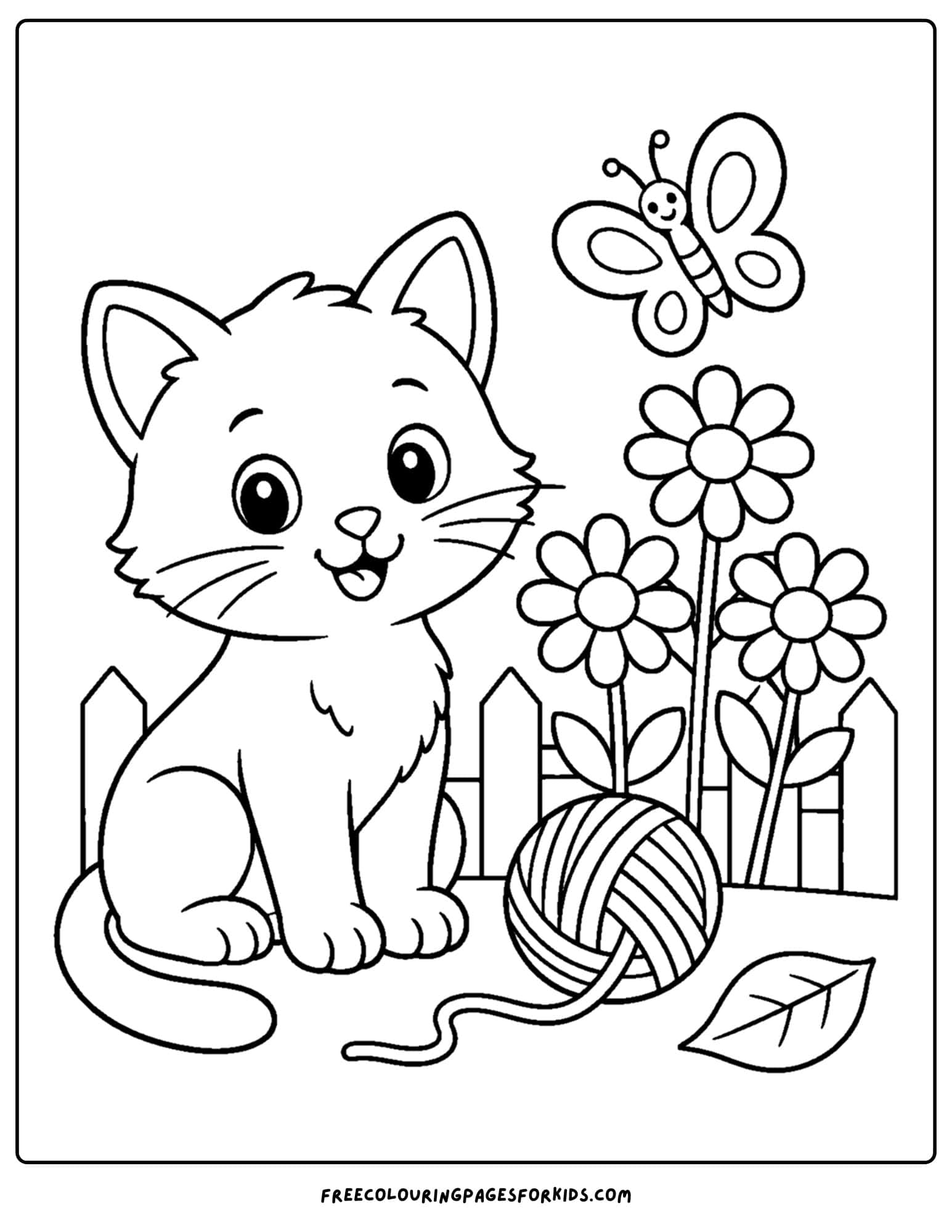 a daisy coloring page showing a kitten next to a big daisy busy