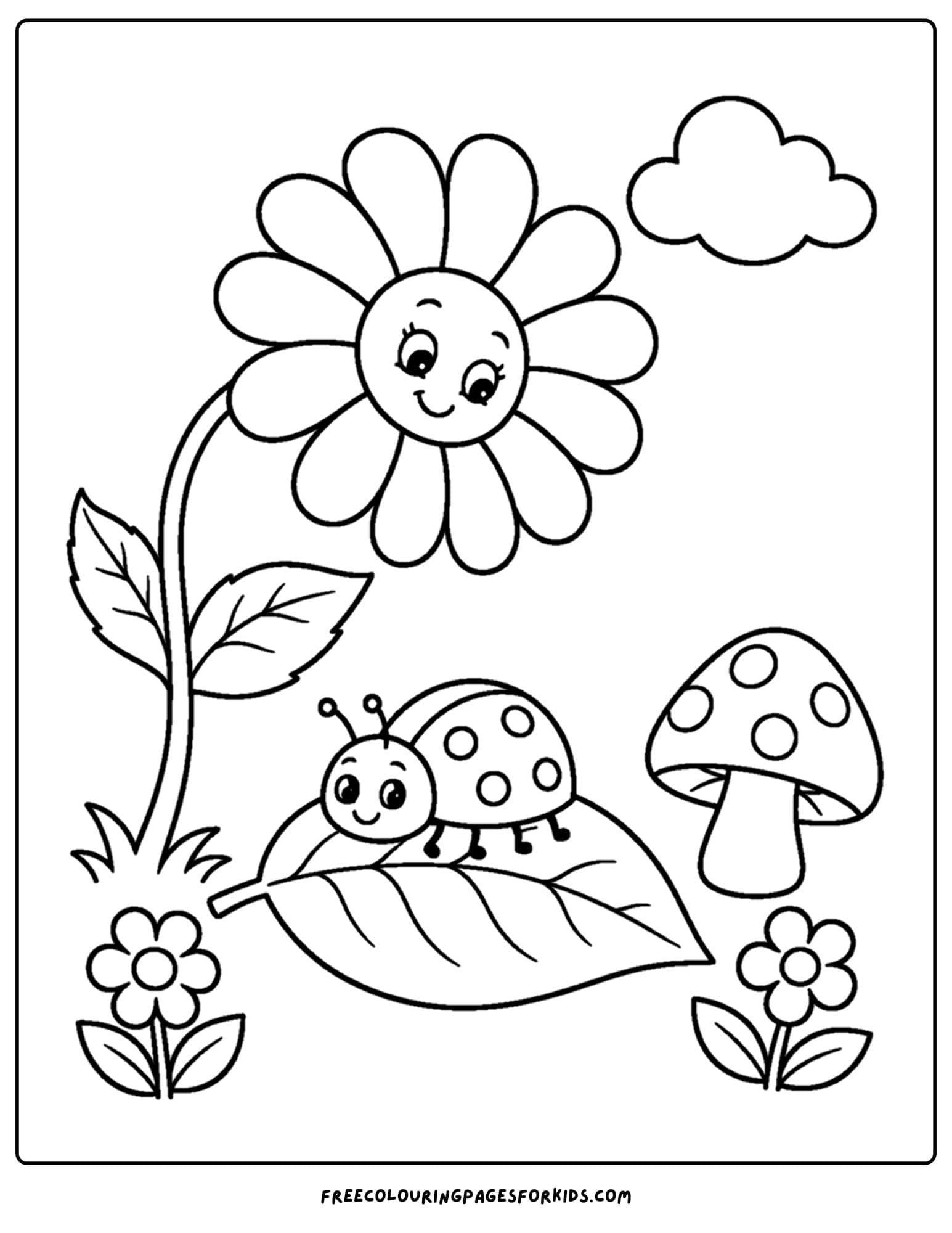 a daisy coloring page showing a ladybug on a daisy flower leaf