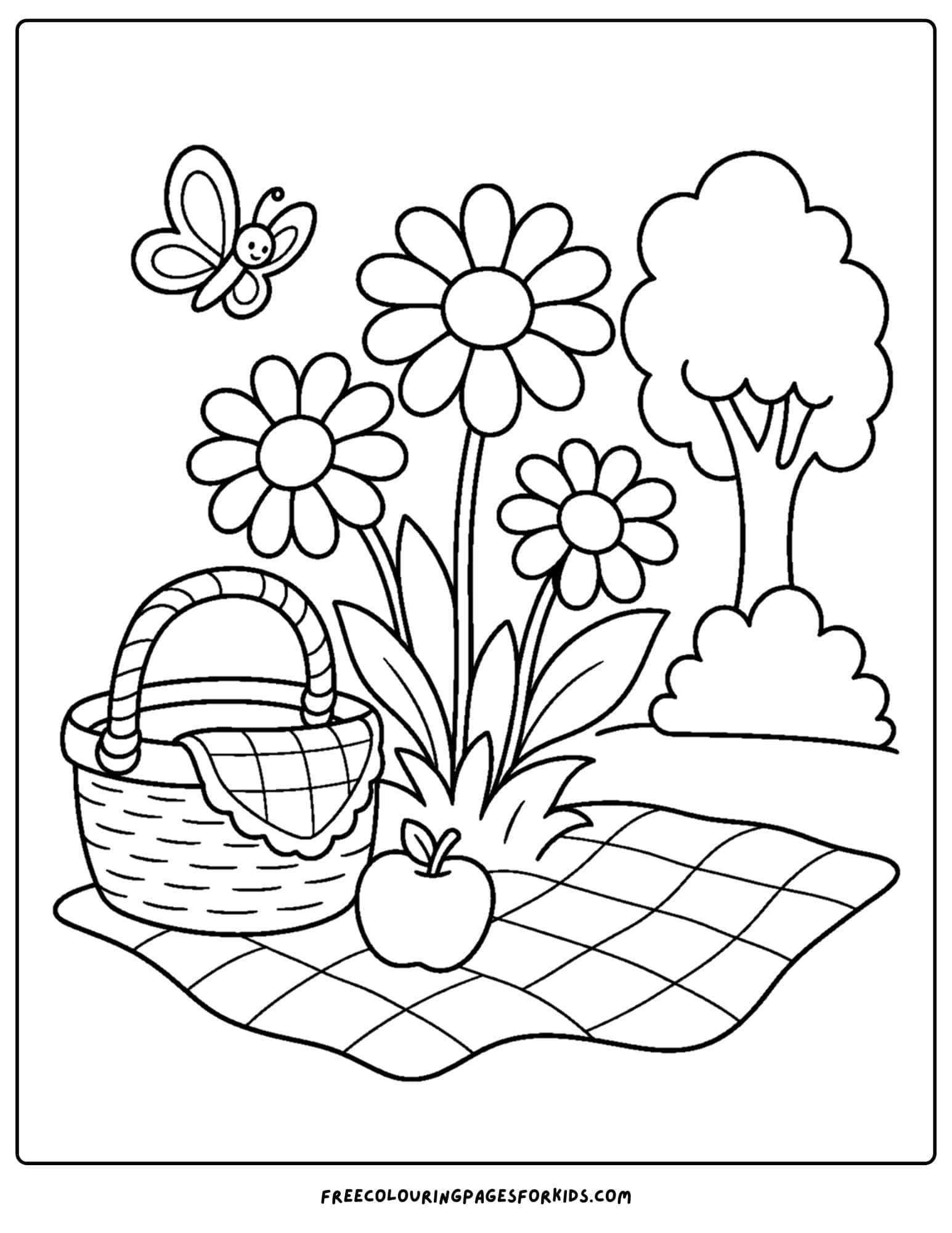a daisy coloring page showing a picnic setup next to some daisies