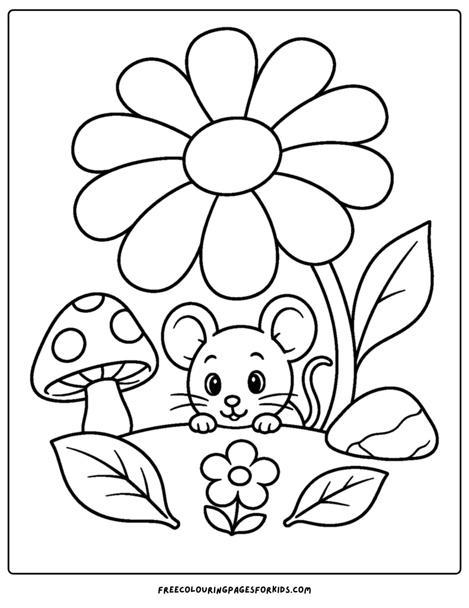 a daisy coloring page showing a mouse sheltering below a daisy