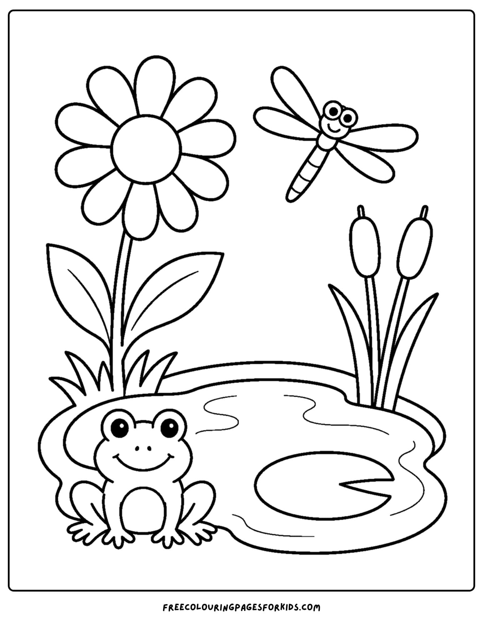 a daisy coloring page showing a pond with a frog and a daisy growing next to it