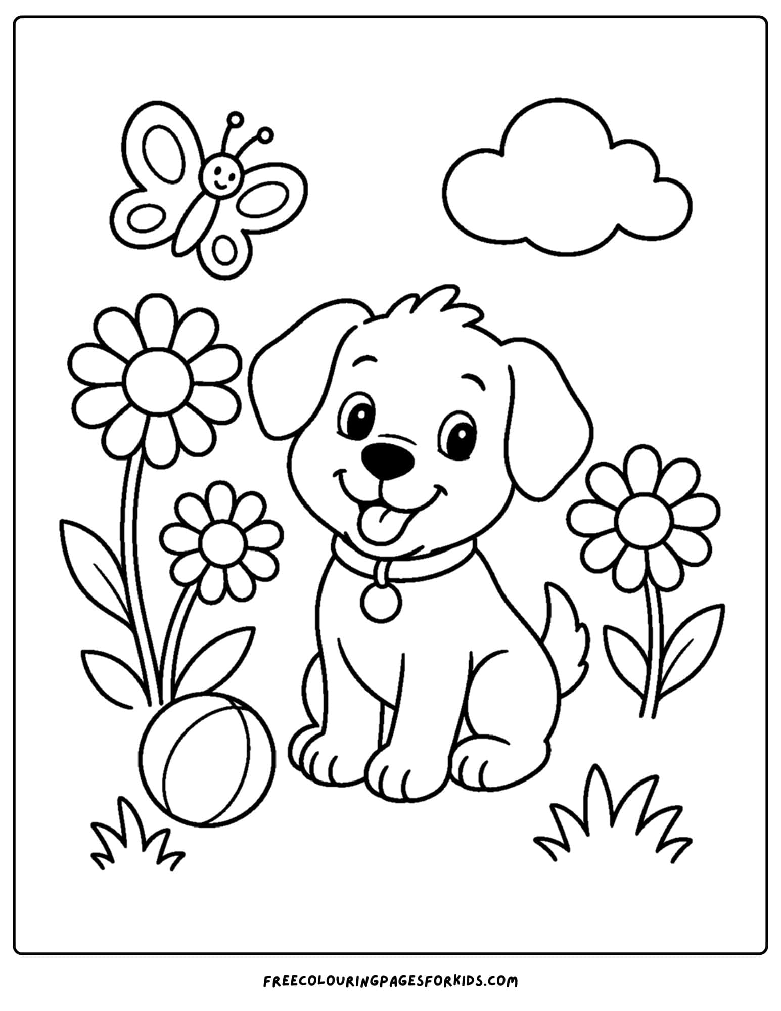 a daisy coloring page showing a puppy in a field of daisies
