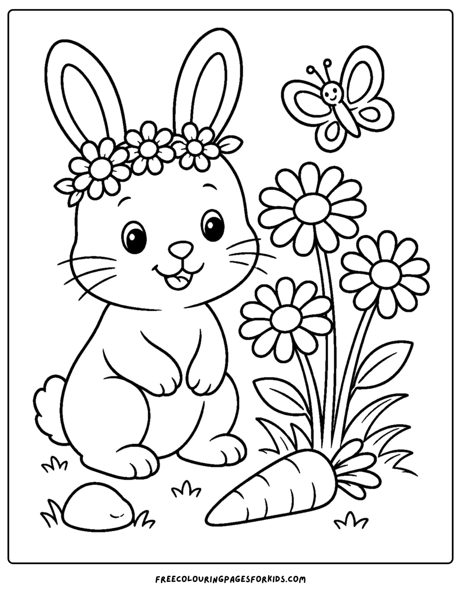 a daisy coloring page showing a rabbit wearing a daisy crown next to other daisies