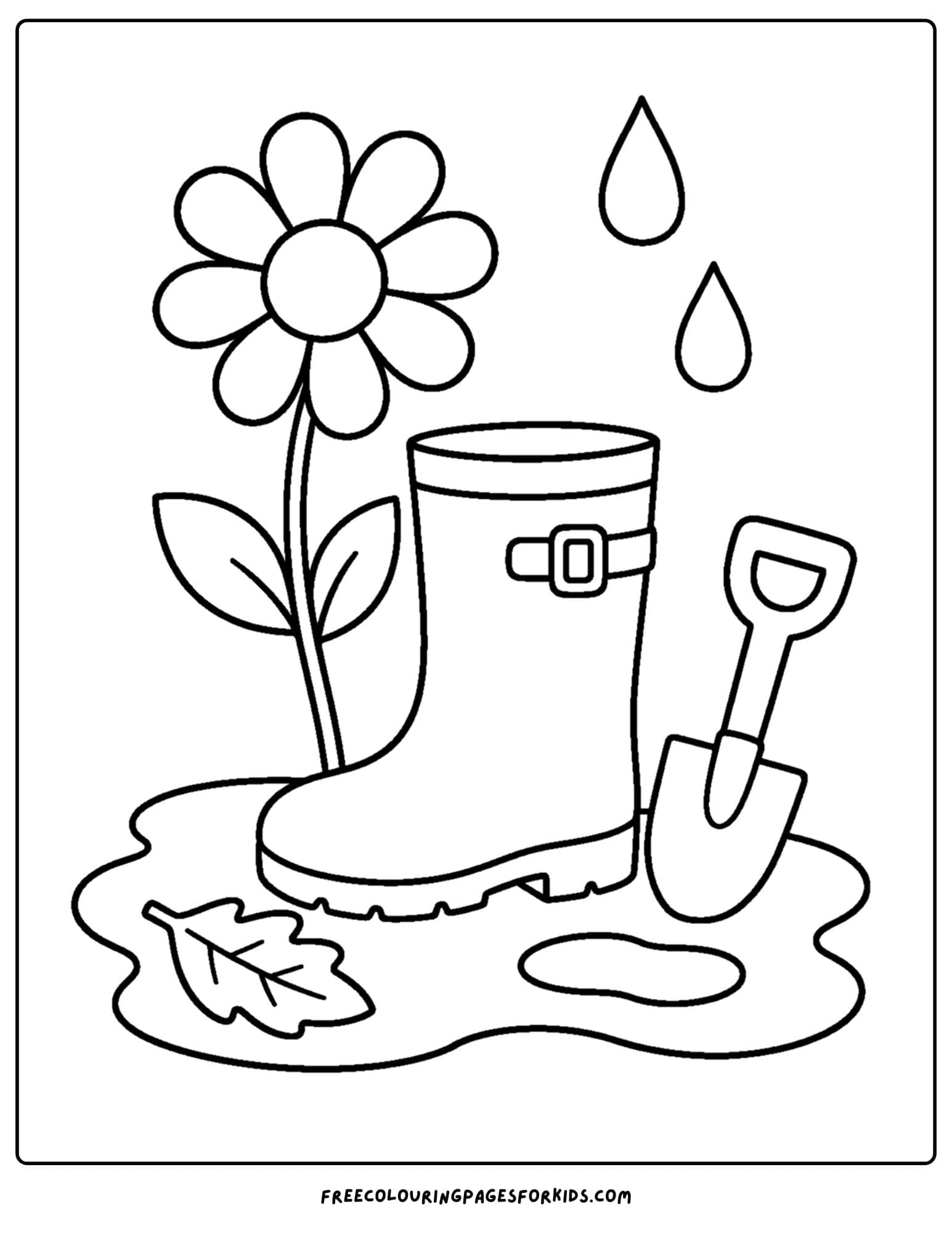 a daisy coloring page showing a daisy next to a boot and a puddle of water
