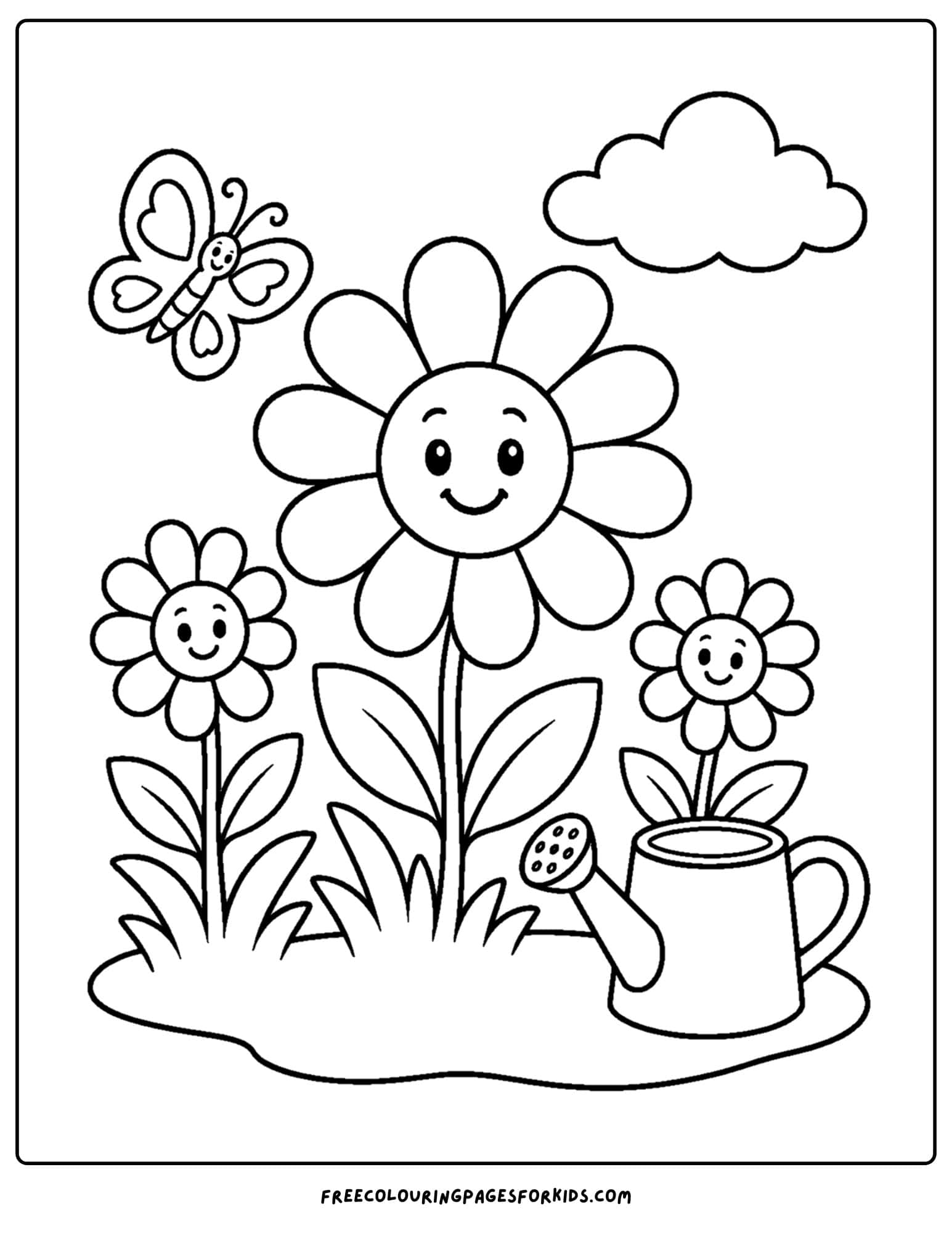 a daisy coloring page showing a smiling daisy flower with a face in a garden