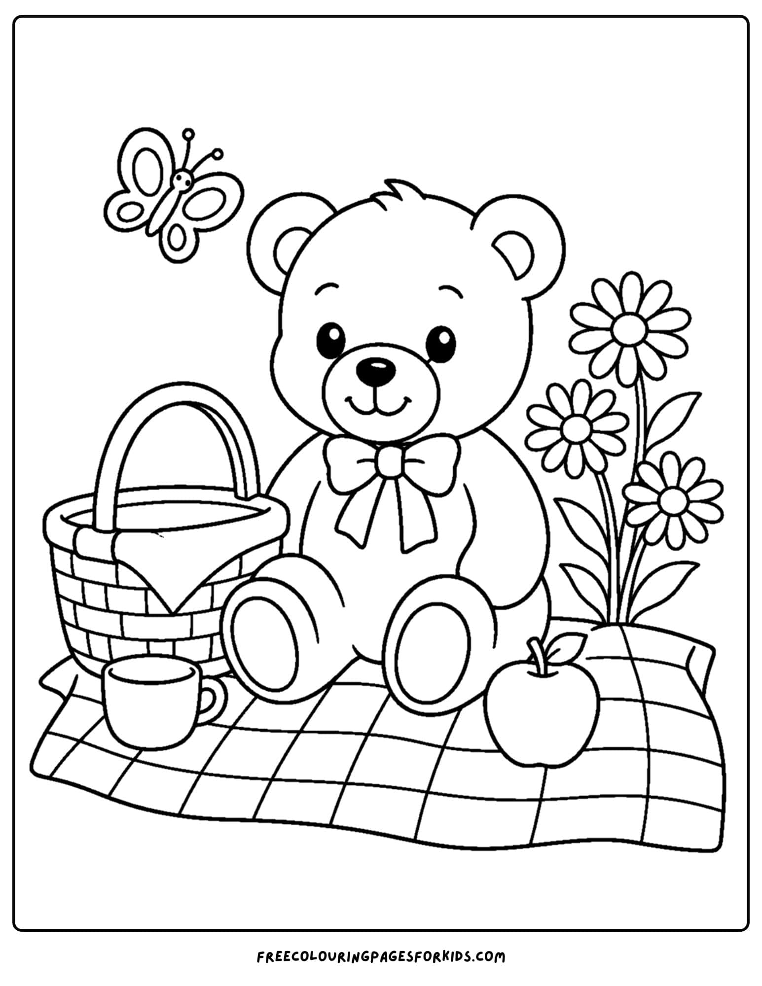 a daisy coloring page showing a teddy bear picnic next to a daisy