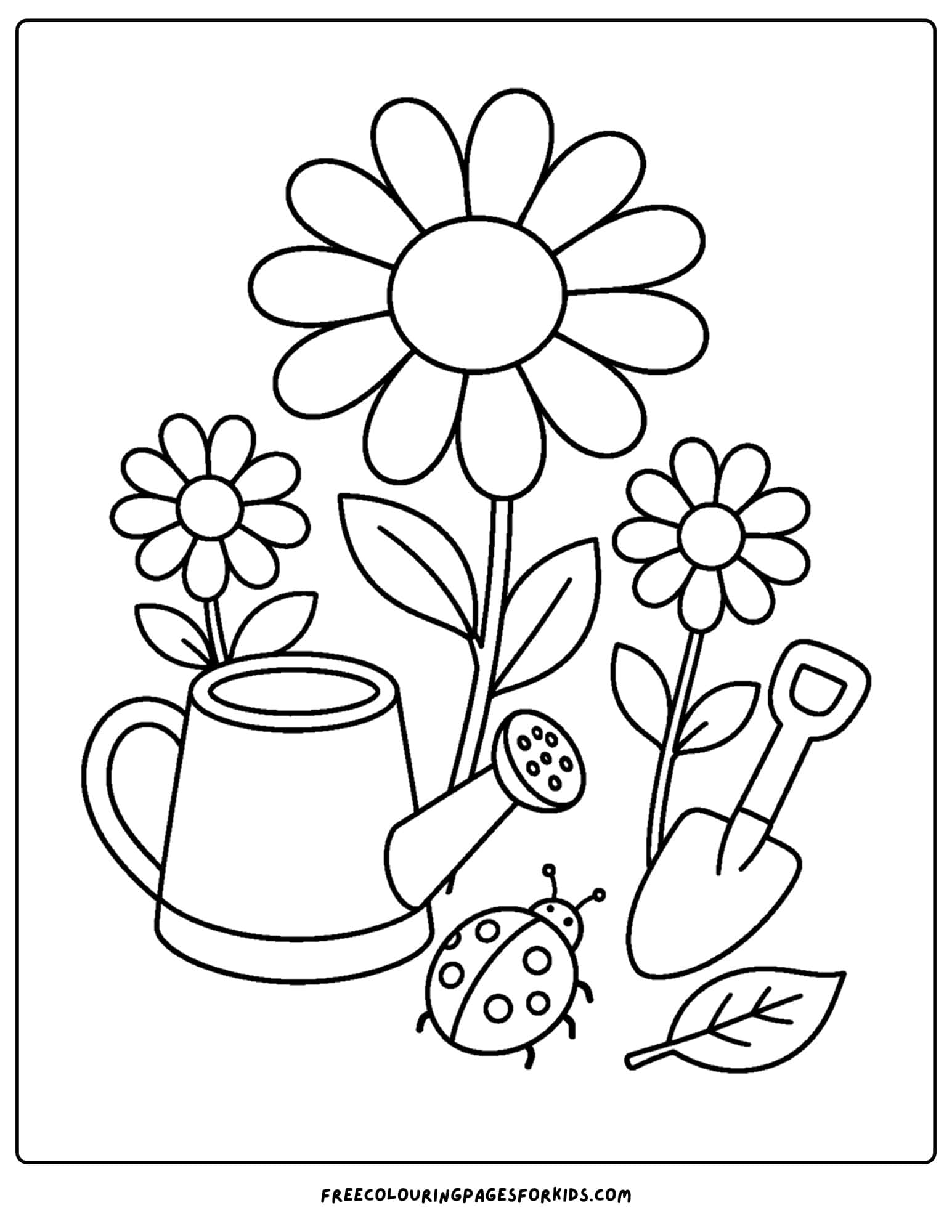 a daisy coloring page showing a daisy growing with a watering can and shovel nearby