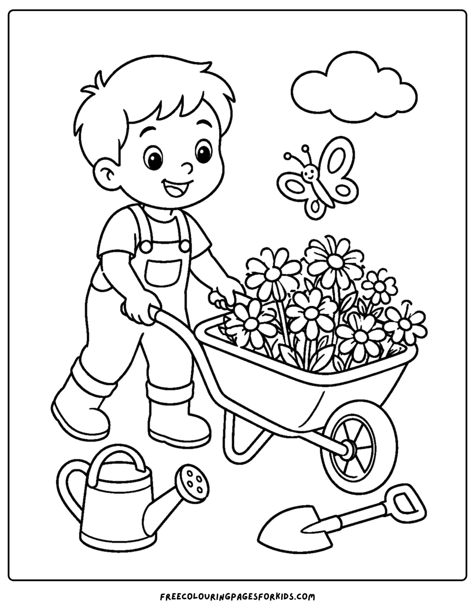a daisy coloring page showing a child pushing a wheelbarrow full of daisies