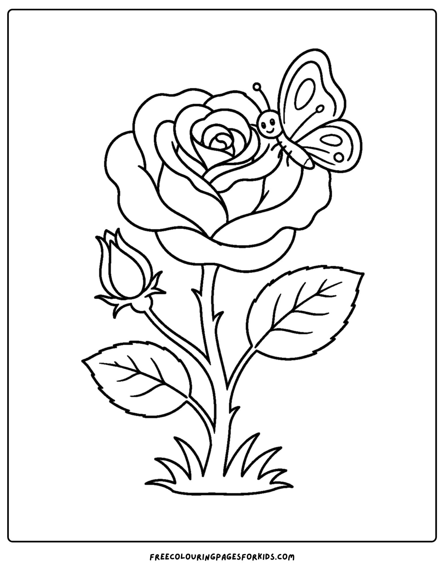 a coloring page of a rose with a butterfly on it