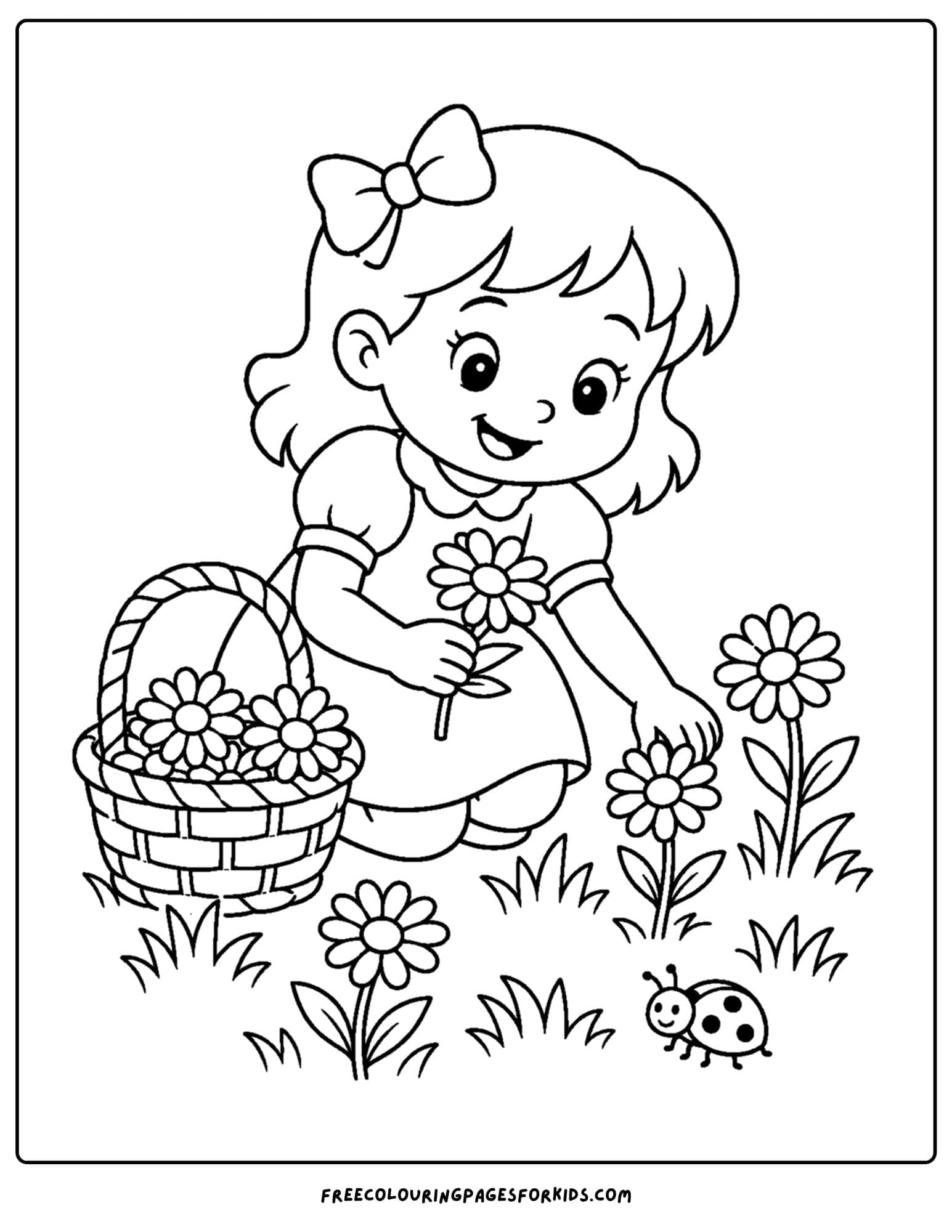 a coloring page of a child picking daisies from the. garden