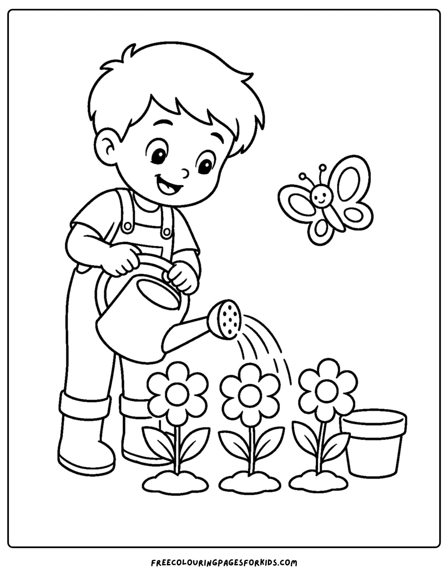 a coloring page of a child watering the flowers