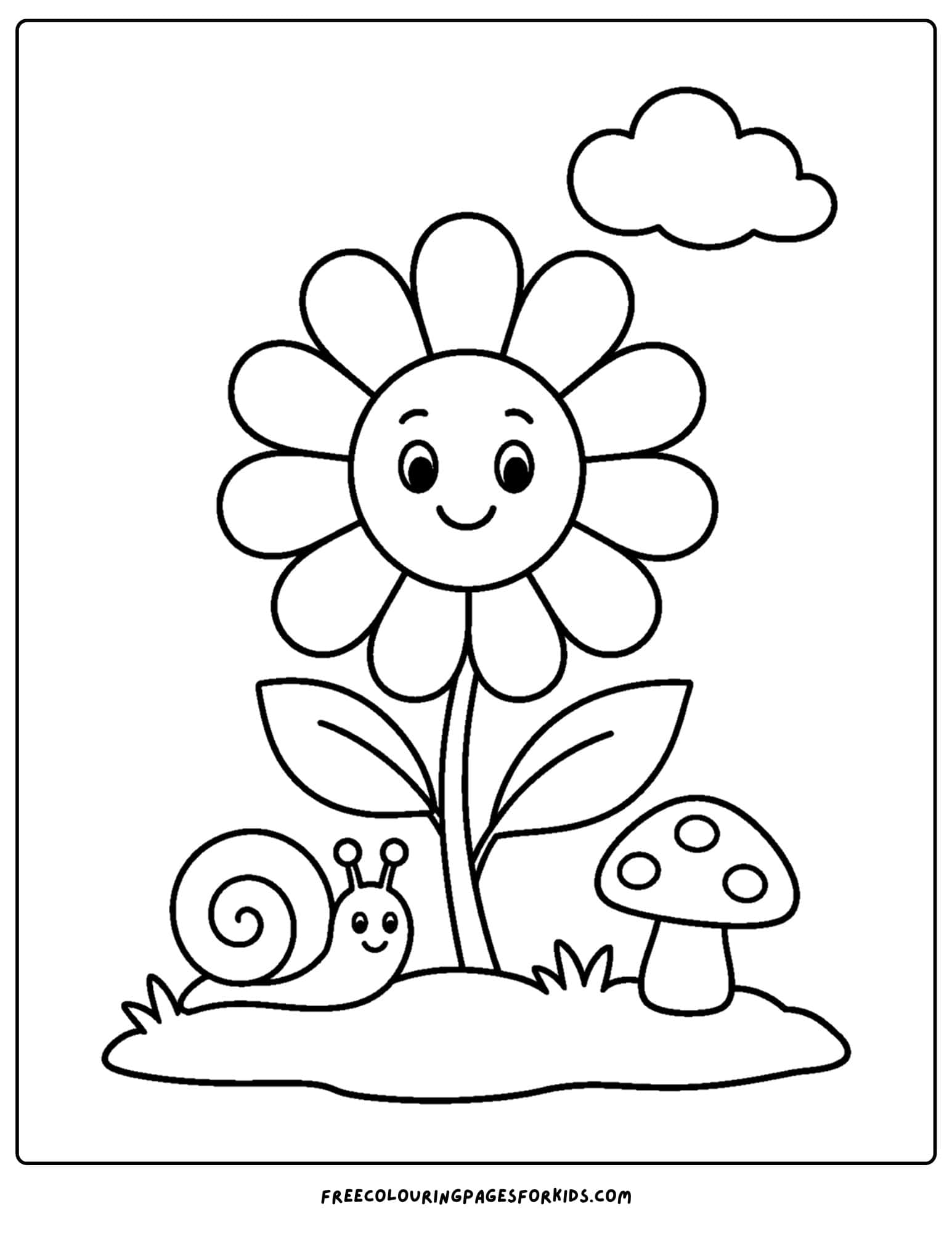 a coloring page of a daisy and a snail in the garden