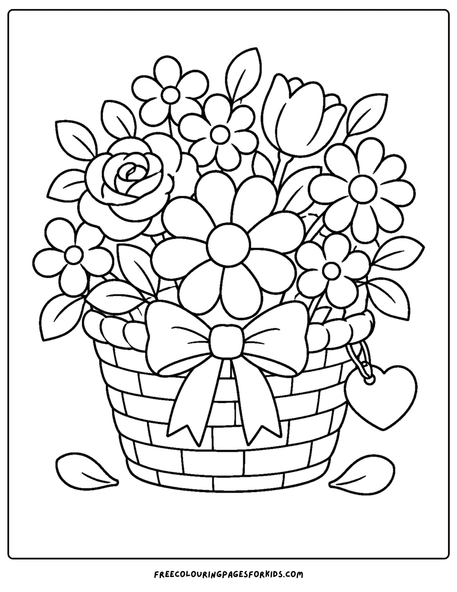 a coloring page of a big bouquet of flowers in a basket