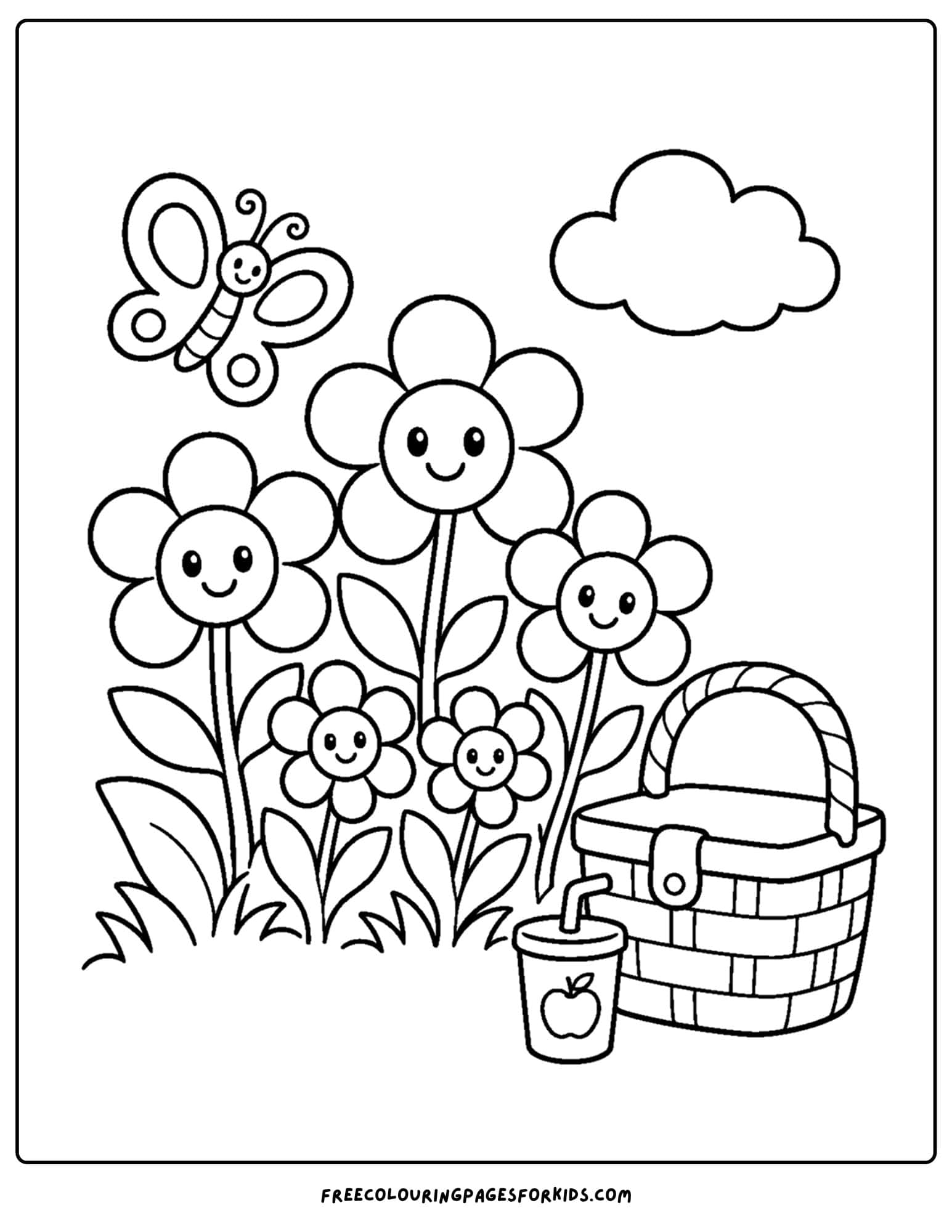 a coloring page of a picnic basket set down next to flowers growing in the meadow