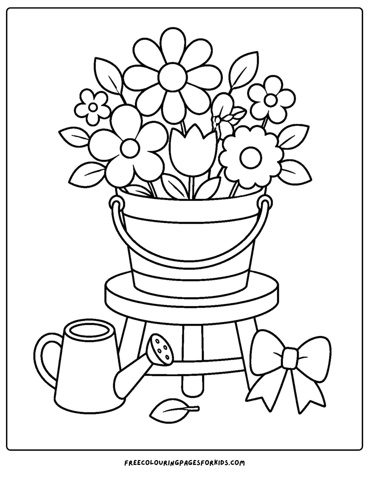a coloring page of a flwoer shop display of blowers in a bucket