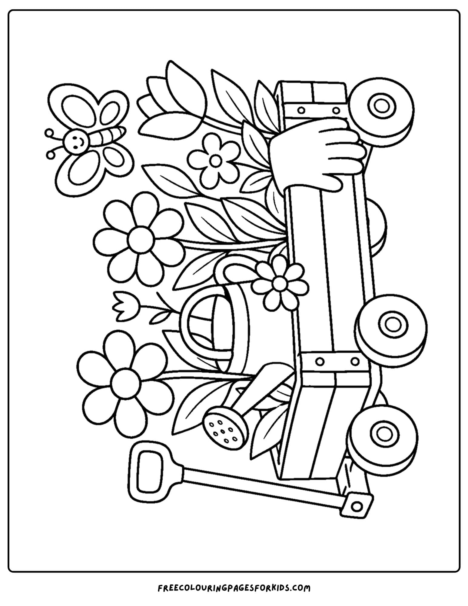 a coloring page of a garden cart full of flowers and garden tools