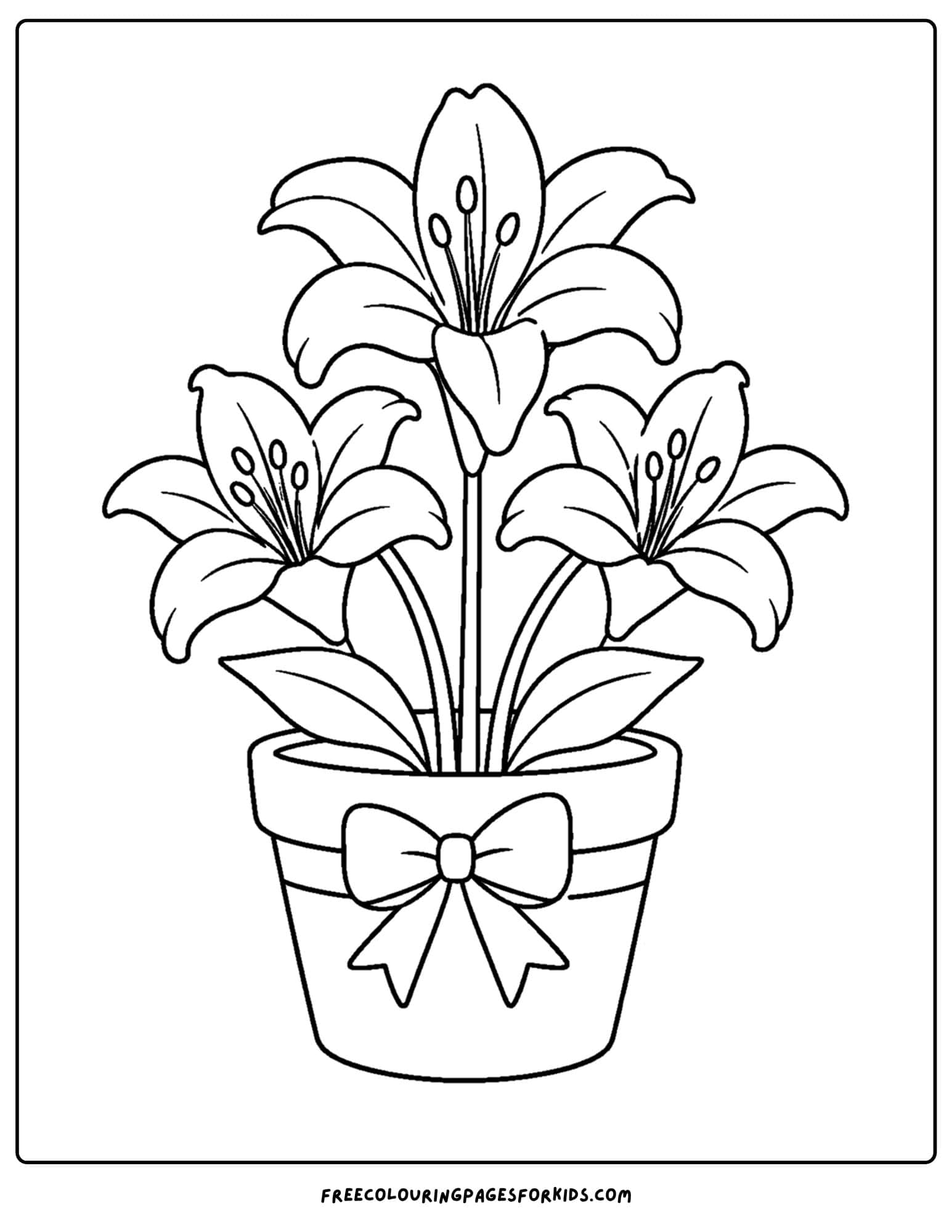 a coloring page of a lilies in a pot