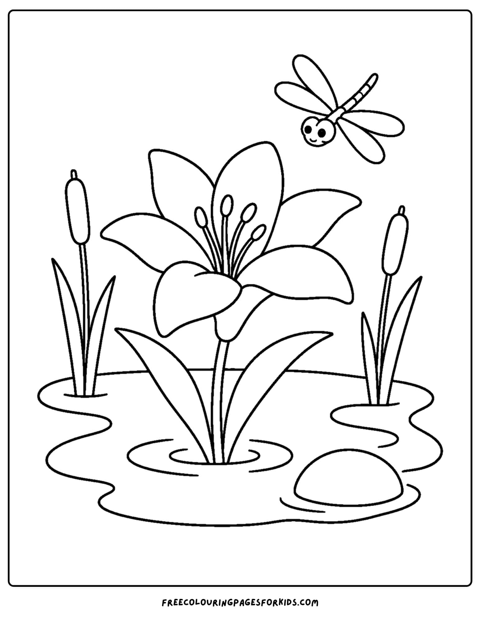 a coloring page of a lily and a dragonfly