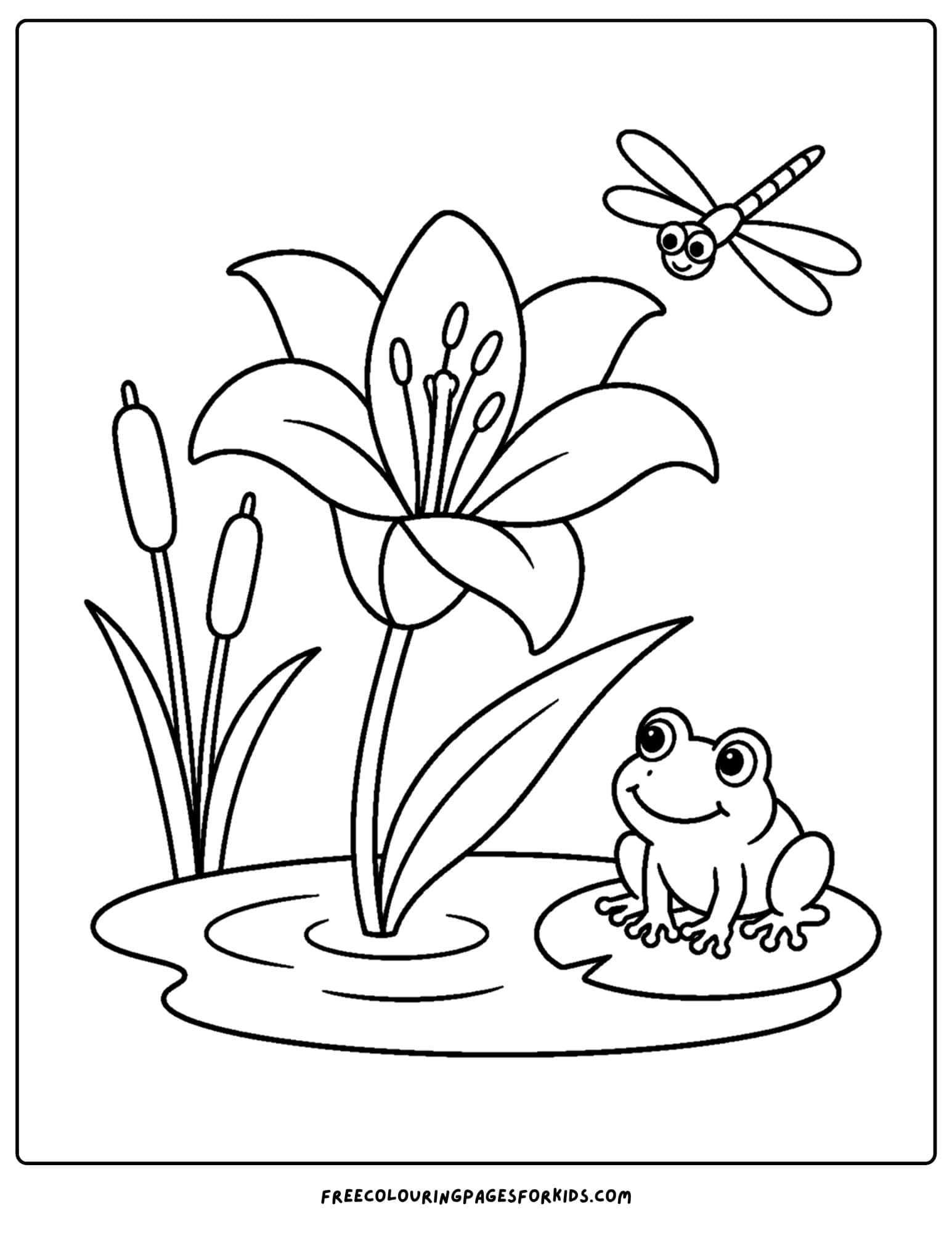 a coloring page of a lily by a pond with a frog