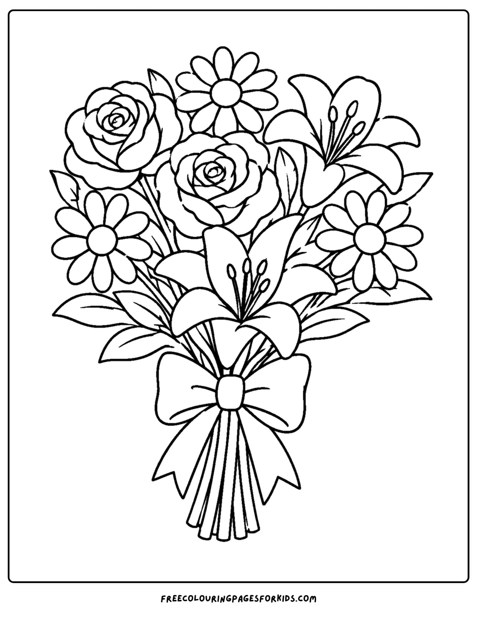 a coloring page of a mixed bouquet of flowers