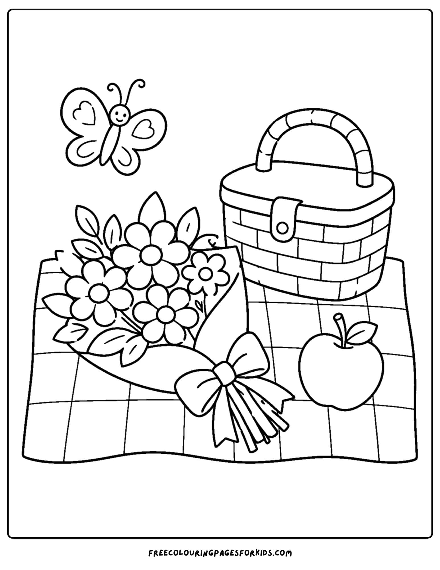 a coloring page of a picnic setting with a bunch of flowers on the blanket