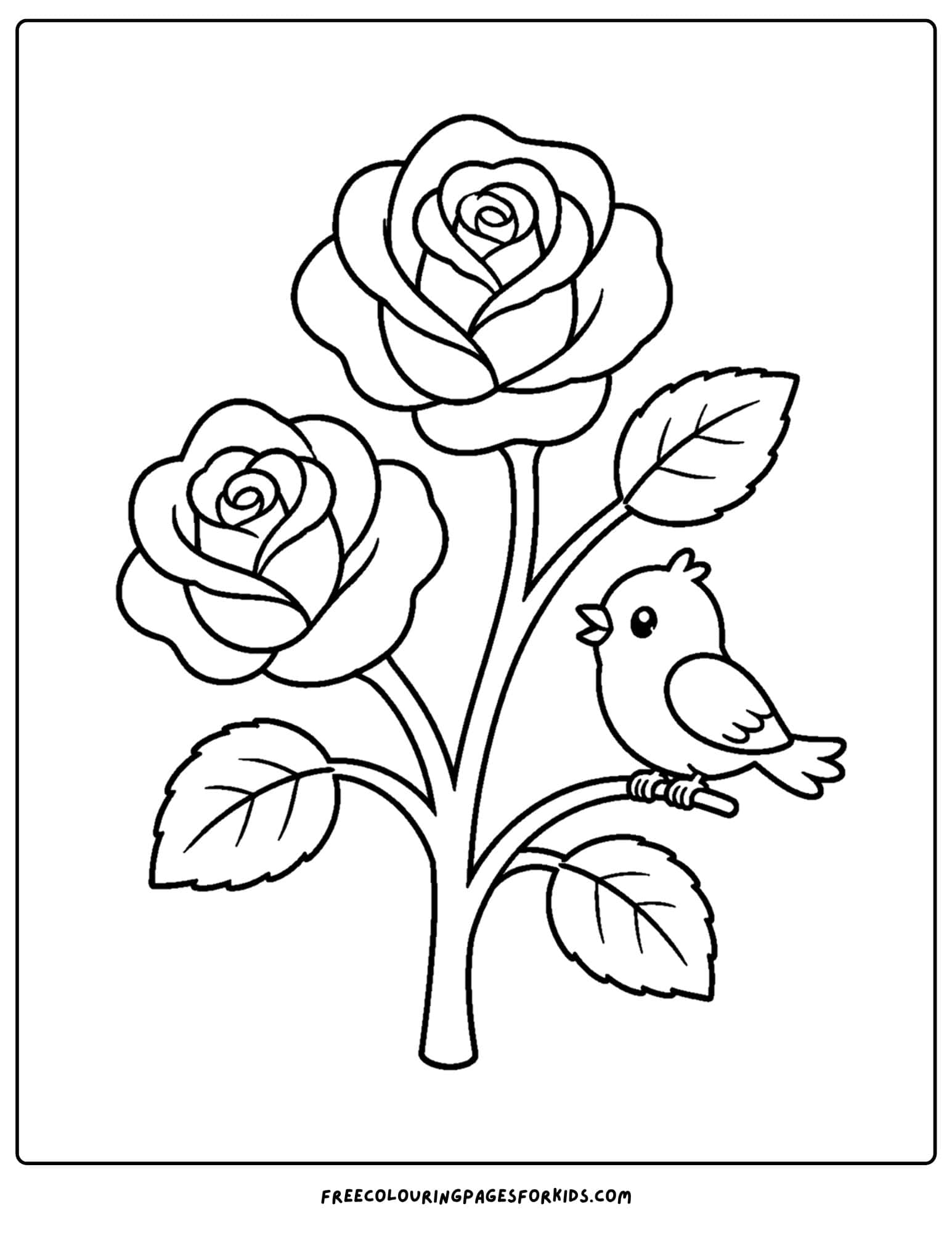 a coloring page of a rose bush with a bird