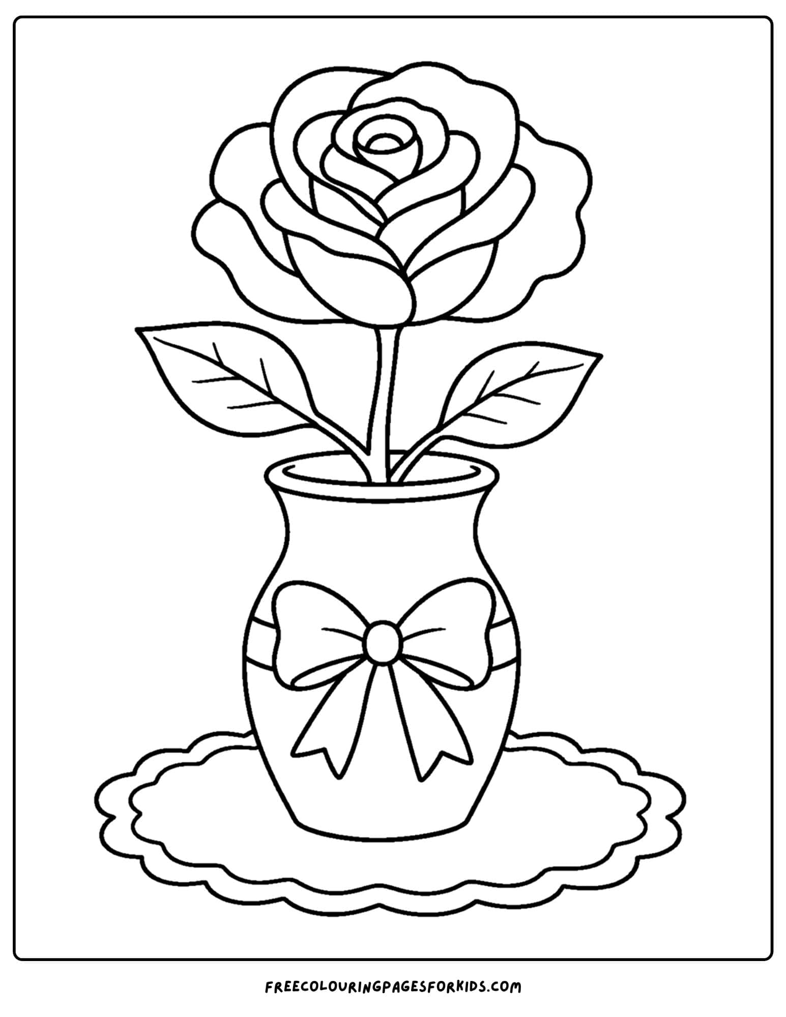 a coloring page of a single rose in a vase