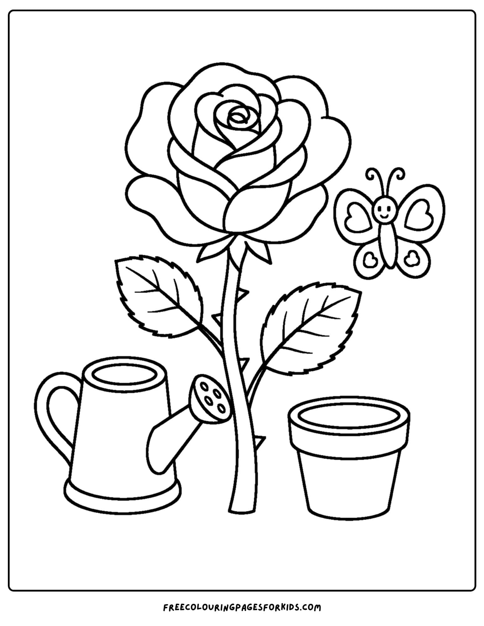 a coloring page of a rose and a watering can and plant pot
